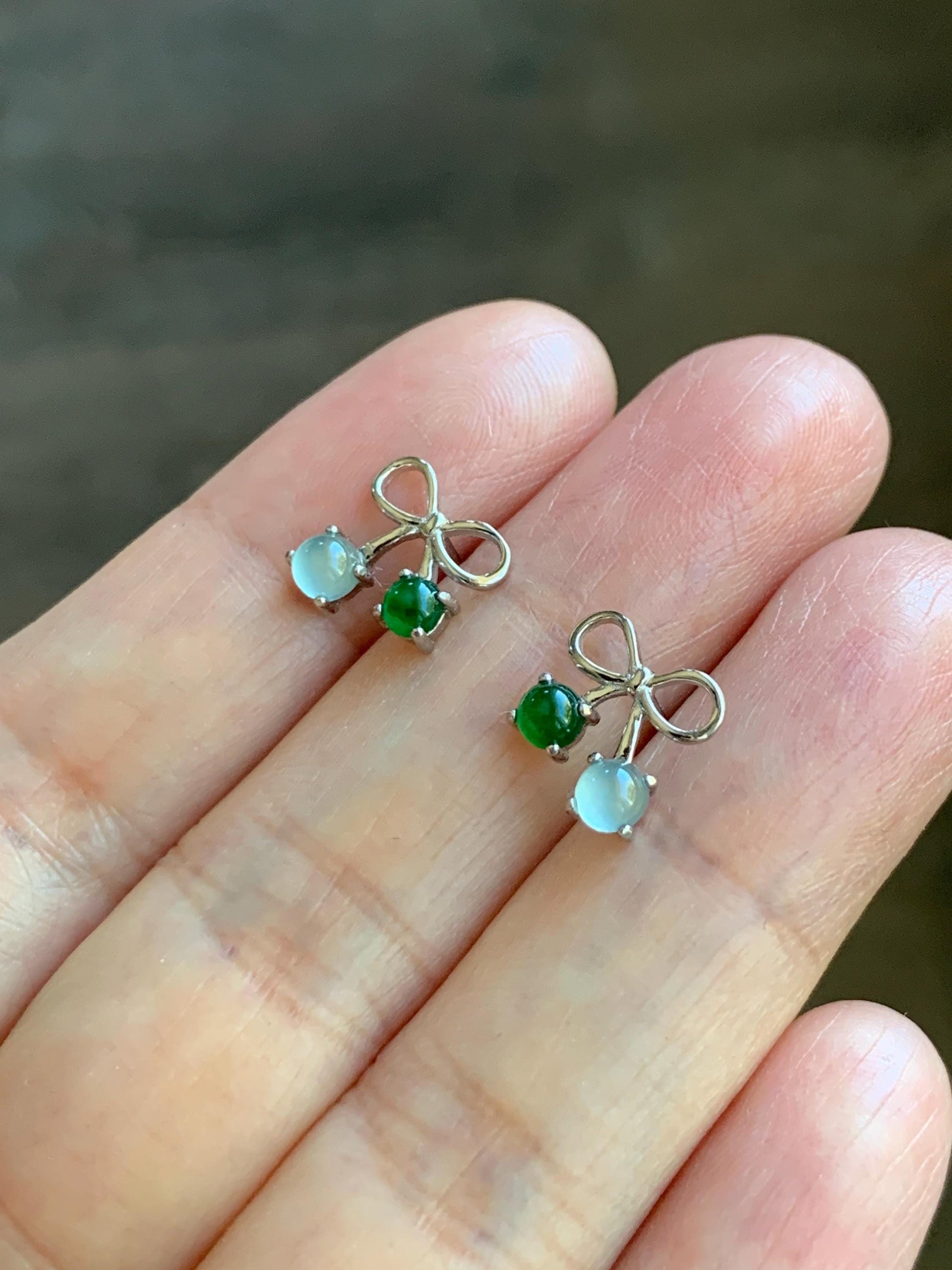 Natural Guatemalan Grade A Icy Highly Translucent Pale Blue Vibrant Green Jade Jadeite Bow Earrings Sterling Silver 天然冰危蓝绿翡翠蝴蝶结耳钉 WSB120A