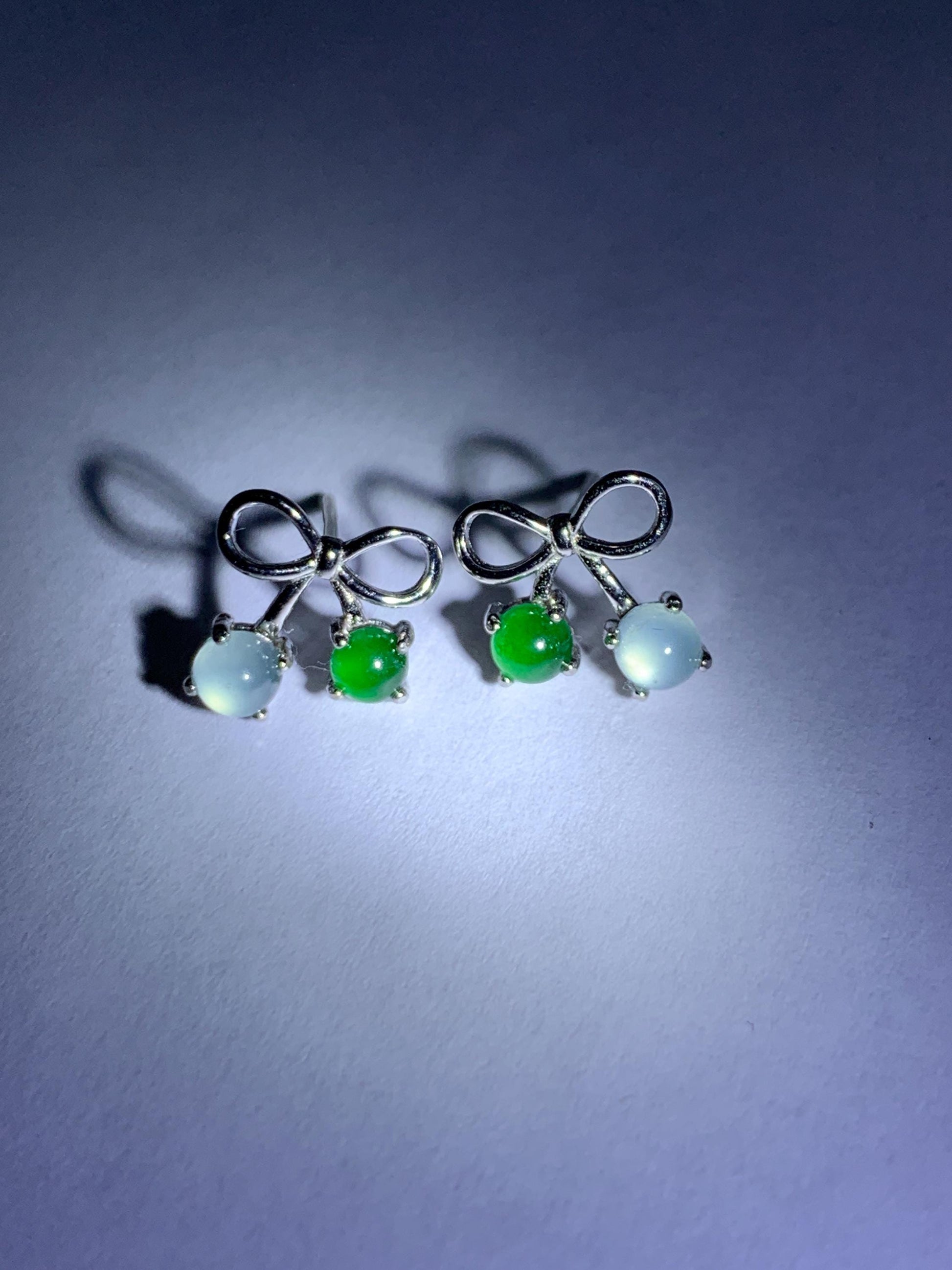 Natural Guatemalan Grade A Icy Highly Translucent Pale Blue Vibrant Green Jade Jadeite Bow Earrings Sterling Silver 天然冰危蓝绿翡翠蝴蝶结耳钉 WSB120A