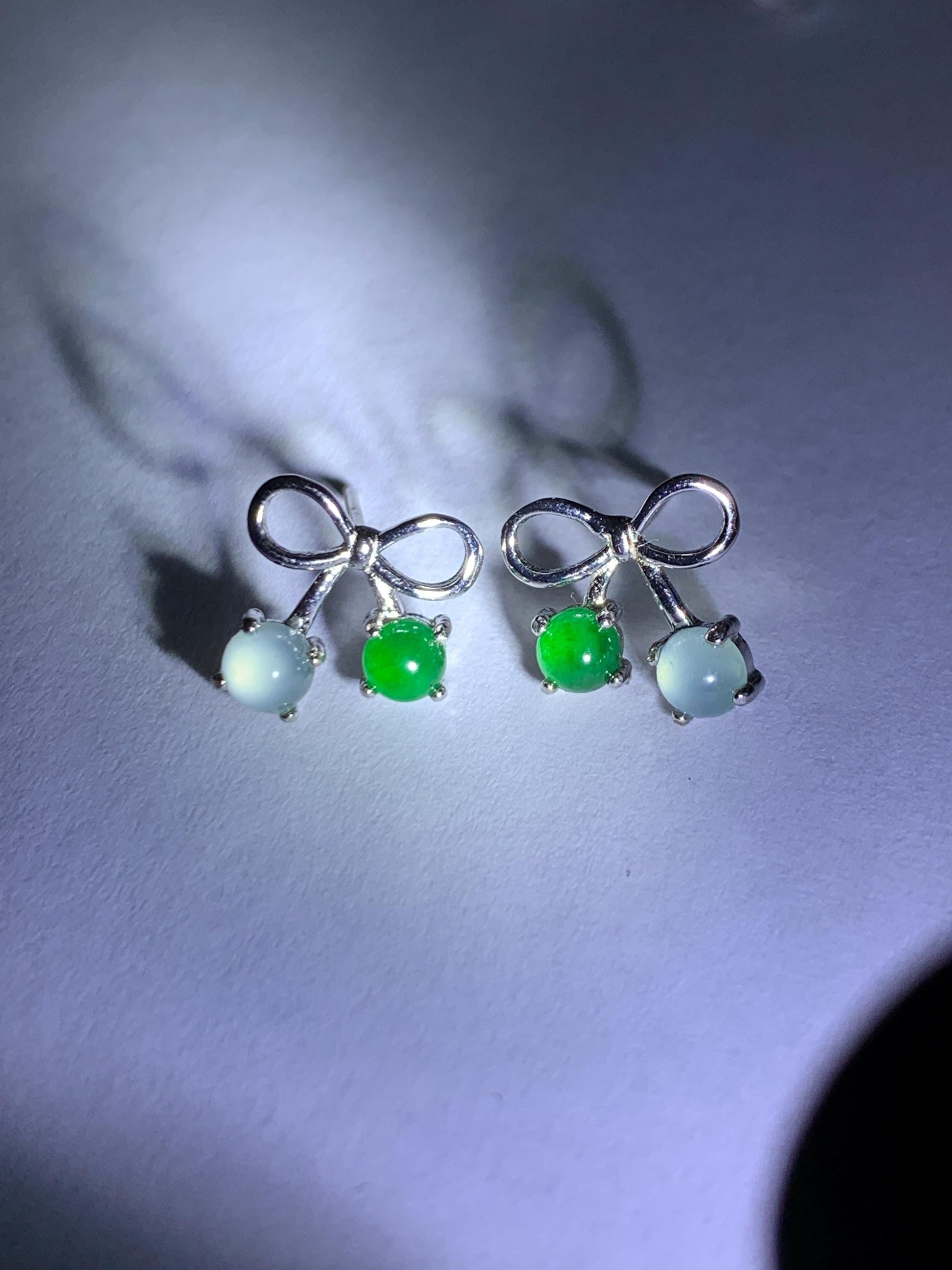 Natural Guatemalan Grade A Icy Highly Translucent Pale Blue Vibrant Green Jade Jadeite Bow Earrings Sterling Silver 天然冰危蓝绿翡翠蝴蝶结耳钉 WSB120B