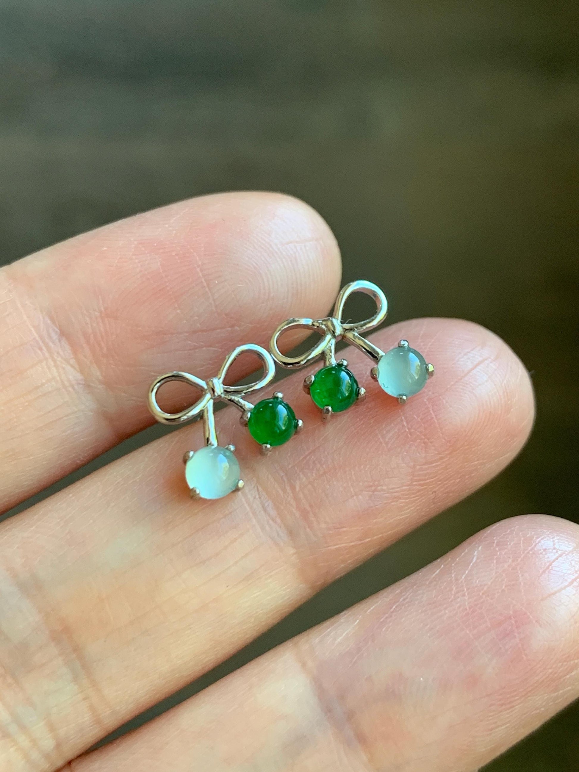 Natural Guatemalan Grade A Icy Highly Translucent Pale Blue Vibrant Green Jade Jadeite Bow Earrings Sterling Silver 天然冰危蓝绿翡翠蝴蝶结耳钉 WSB120B