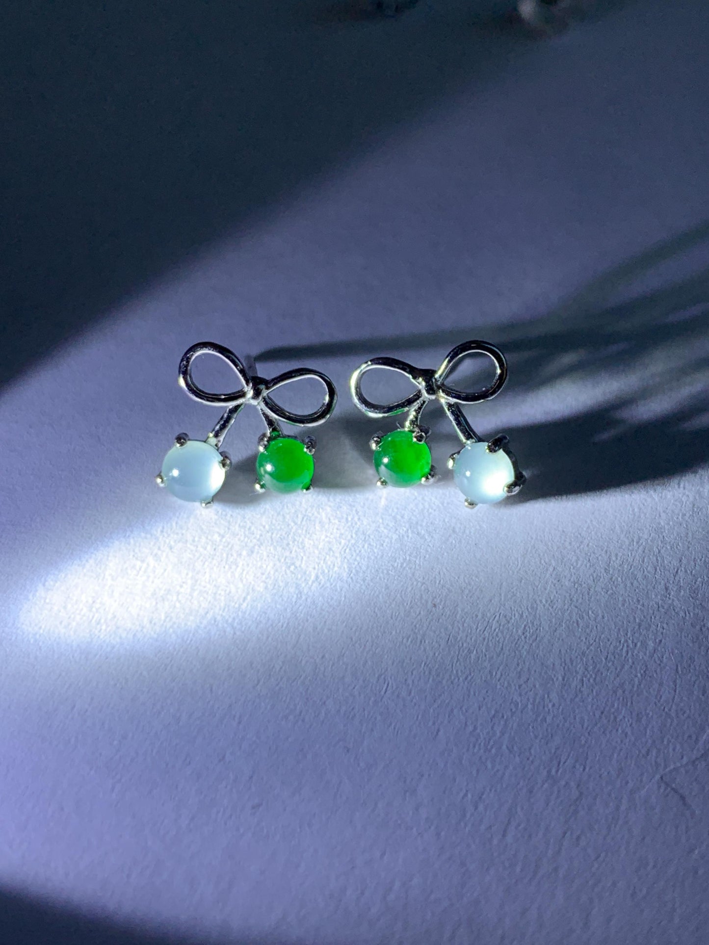 Natural Guatemalan Grade A Icy Highly Translucent Pale Blue Vibrant Green Jade Jadeite Bow Earrings Sterling Silver 天然冰危蓝绿翡翠蝴蝶结耳钉 WSB120B