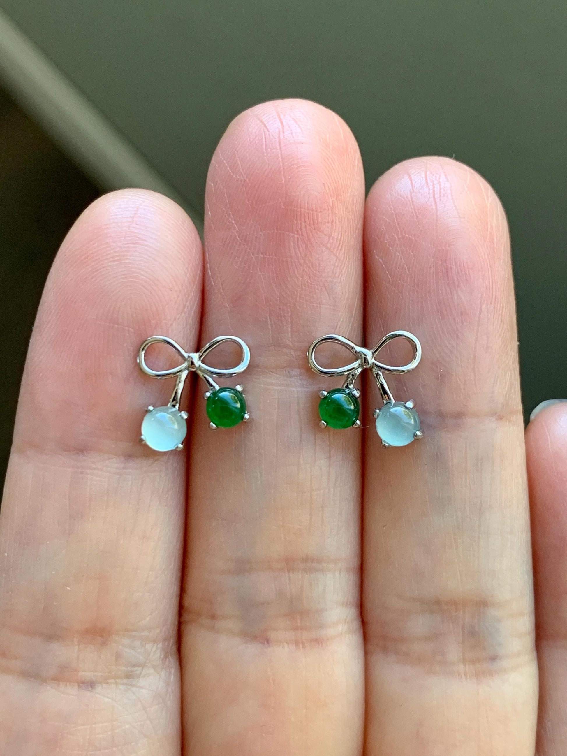 Natural Guatemalan Grade A Icy Highly Translucent Pale Blue Vibrant Green Jade Jadeite Bow Earrings Sterling Silver 天然冰危蓝绿翡翠蝴蝶结耳钉 WSB120B