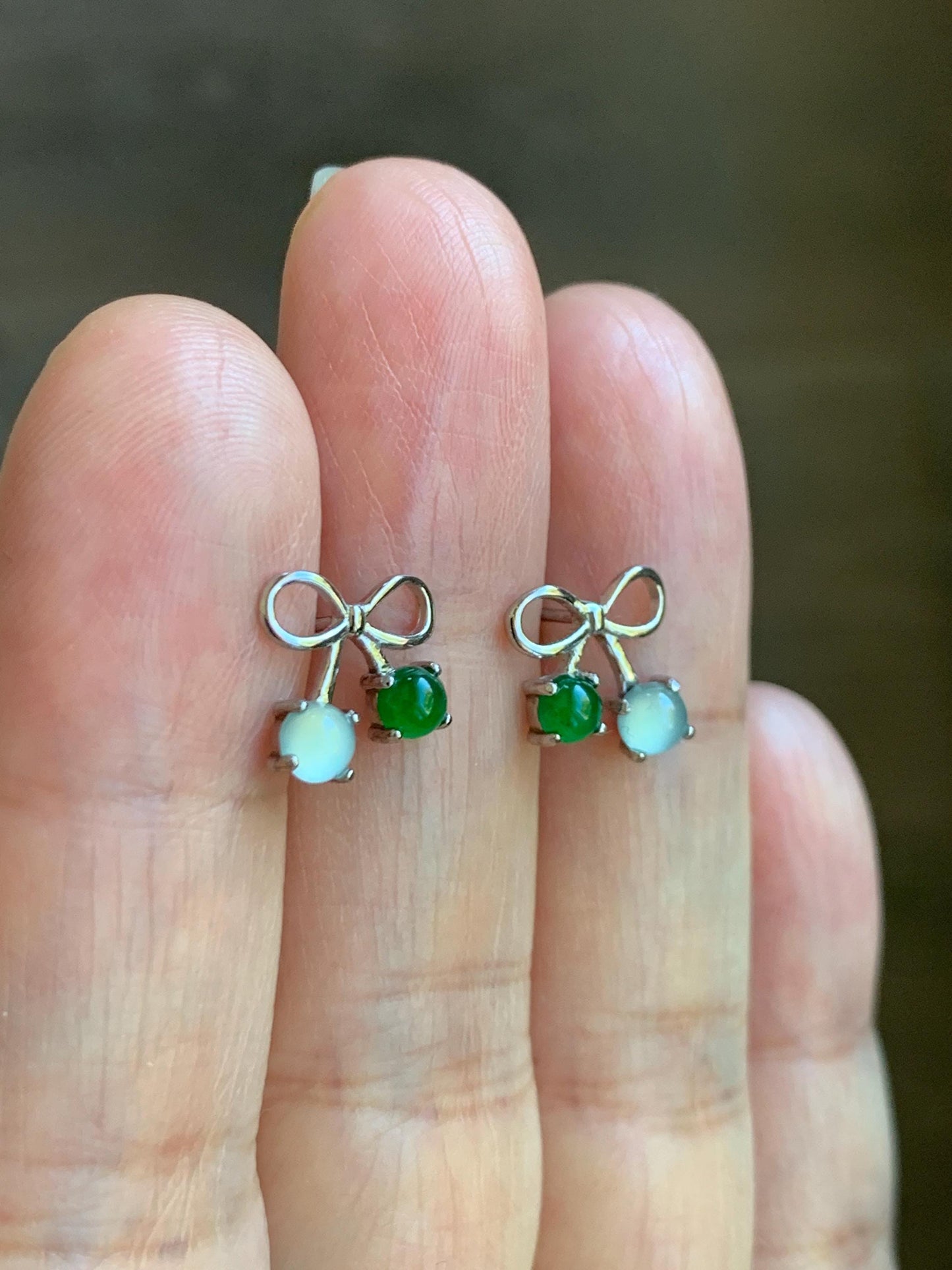 Natural Guatemalan Grade A Icy Highly Translucent Pale Blue Vibrant Green Jade Jadeite Bow Earrings Sterling Silver 天然冰危蓝绿翡翠蝴蝶结耳钉 WSB120B