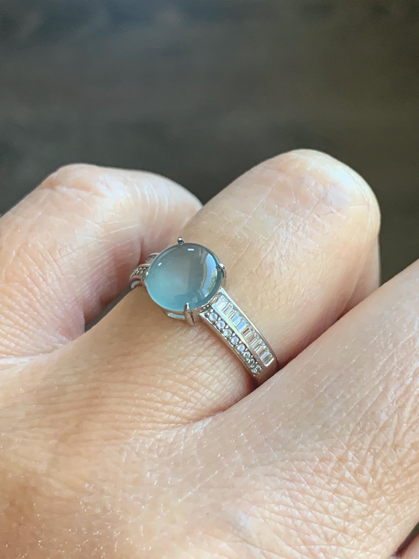 Natural Grade A Guatemalan Icy highly Translucent Pastel Dusty Blue Jade Jadeite Ring Sterling Silver Size Adjustable 天然冰危浅蓝翡翠银镶戒指 WLP136B