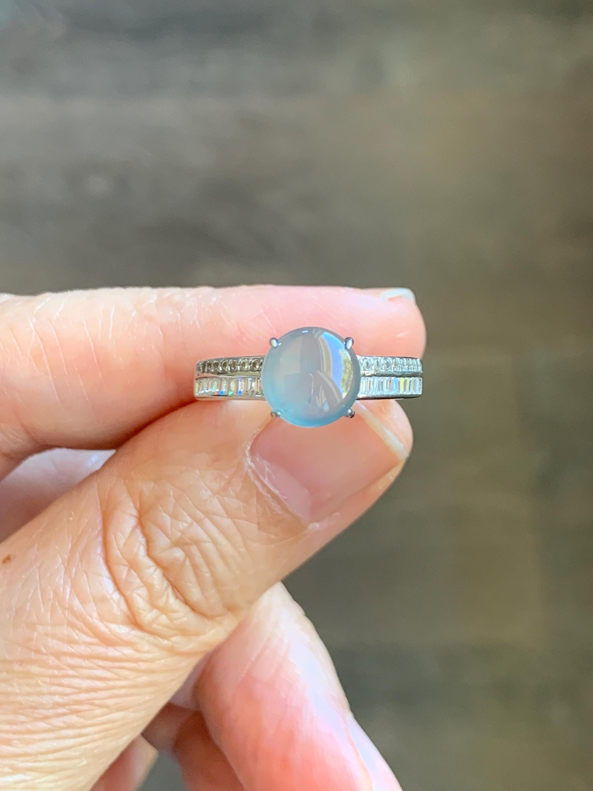 Natural Grade A Guatemalan Icy highly Translucent Pastel Dusty Blue Jade Jadeite Ring Sterling Silver Size Adjustable 天然冰危浅蓝翡翠银镶戒指 WLP136B