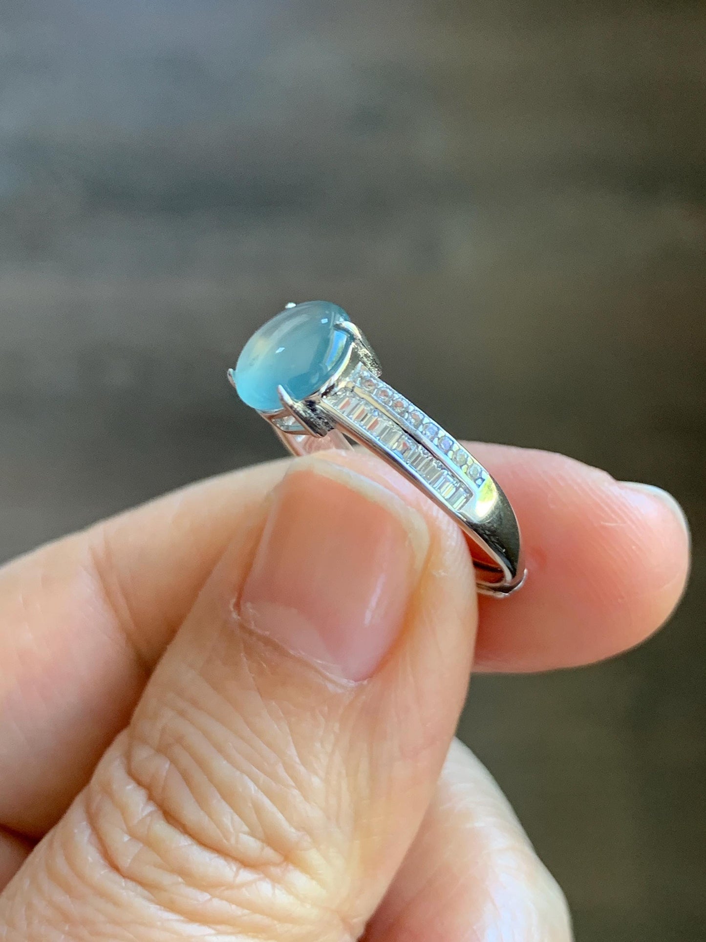 Natural Grade A Guatemalan Icy highly Translucent Pastel Dusty Blue Jade Jadeite Ring Sterling Silver Size Adjustable 天然冰危浅蓝翡翠银镶戒指 WLP136B