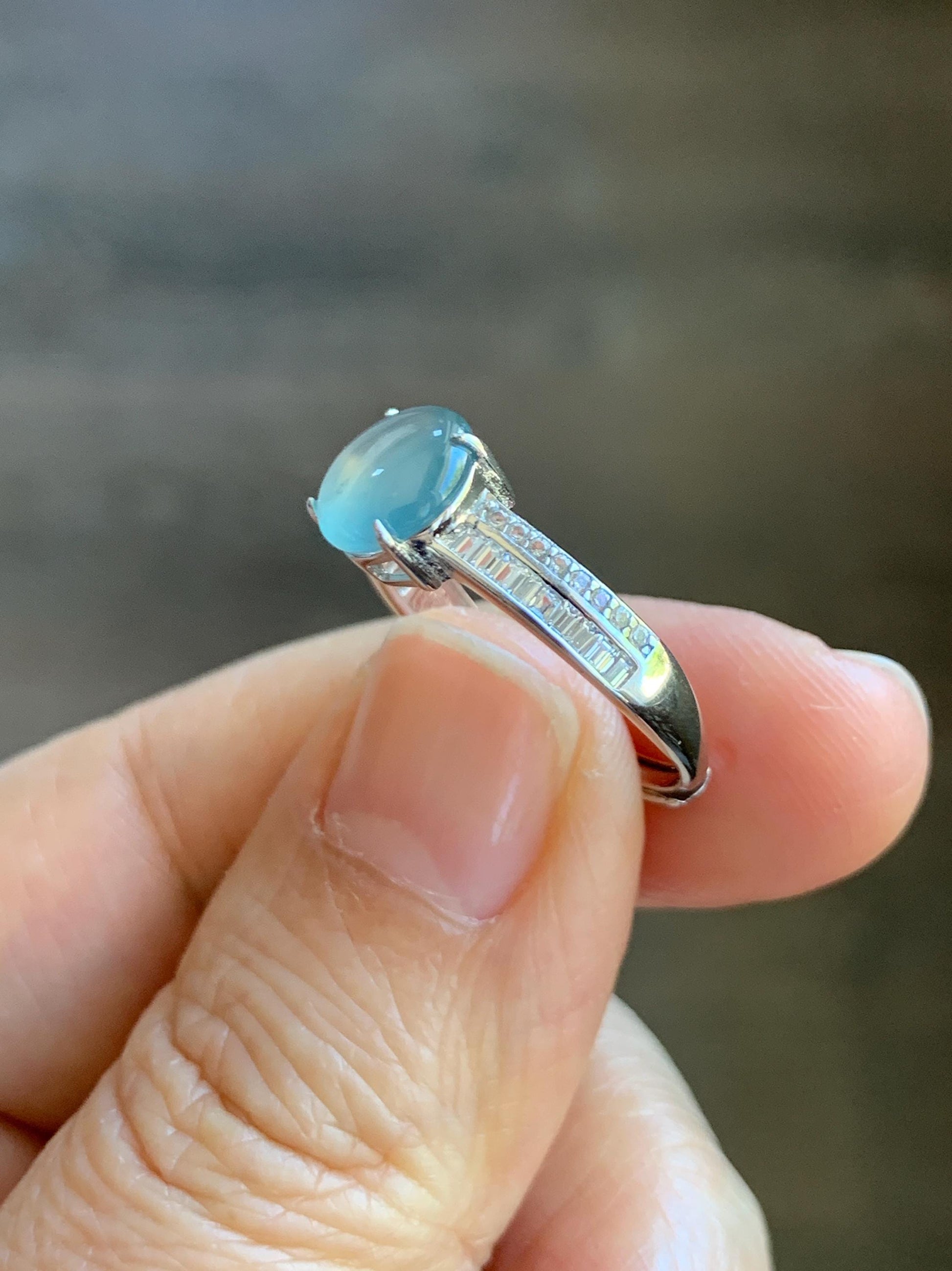 Natural Grade A Guatemalan Icy highly Translucent Pastel Dusty Blue Jade Jadeite Ring Sterling Silver Size Adjustable 天然冰危浅蓝翡翠银镶戒指 WLP136B