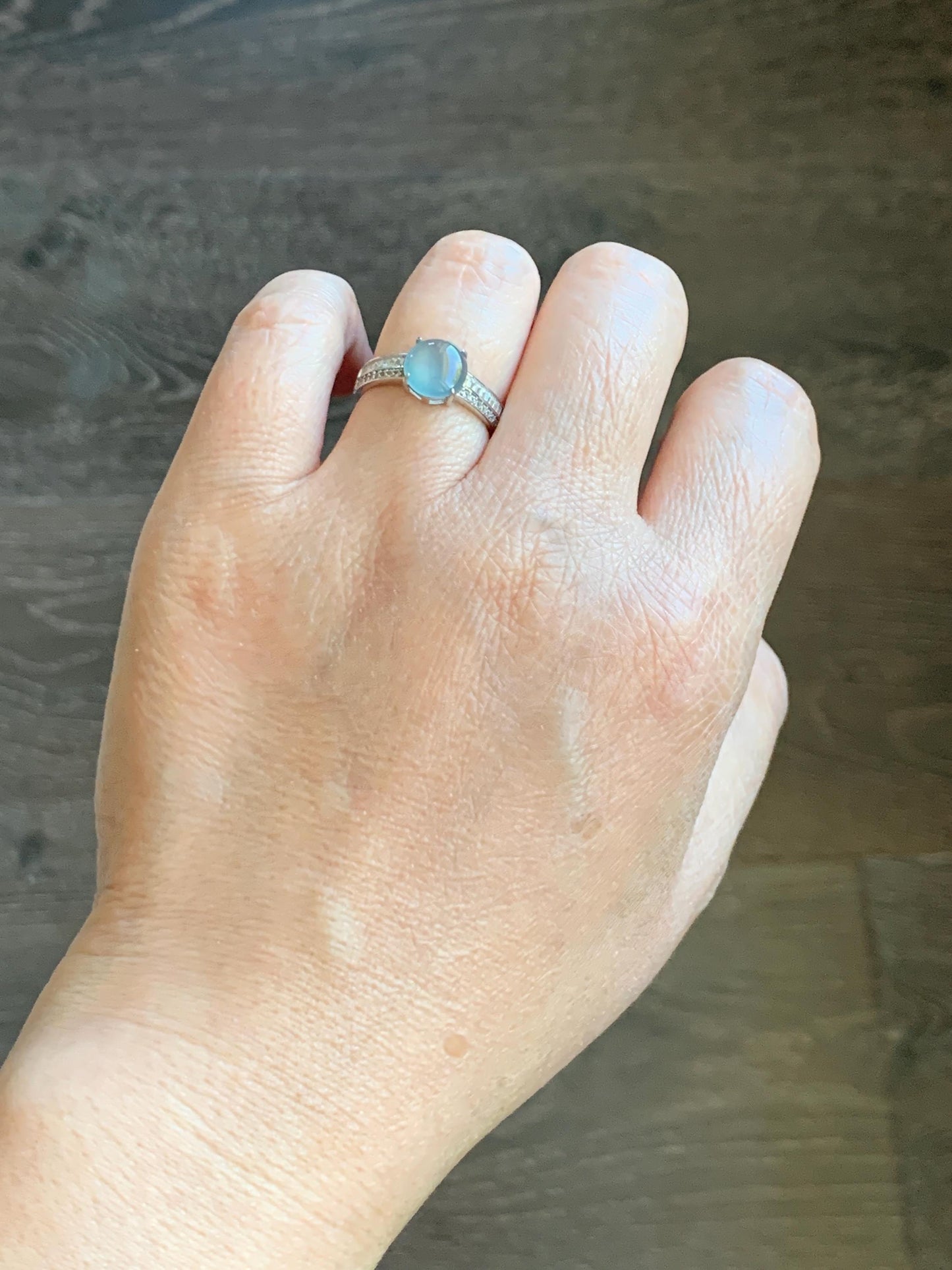 Natural Grade A Guatemalan Icy highly Translucent Pastel Dusty Blue Jade Jadeite Ring Sterling Silver Size Adjustable 天然冰危浅蓝翡翠银镶戒指 WLP136B