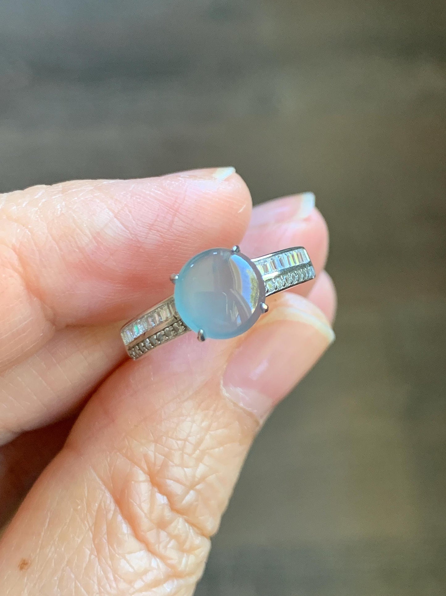 Natural Grade A Guatemalan Icy highly Translucent Pastel Dusty Blue Jade Jadeite Ring Sterling Silver Size Adjustable 天然冰危浅蓝翡翠银镶戒指 WLP136B