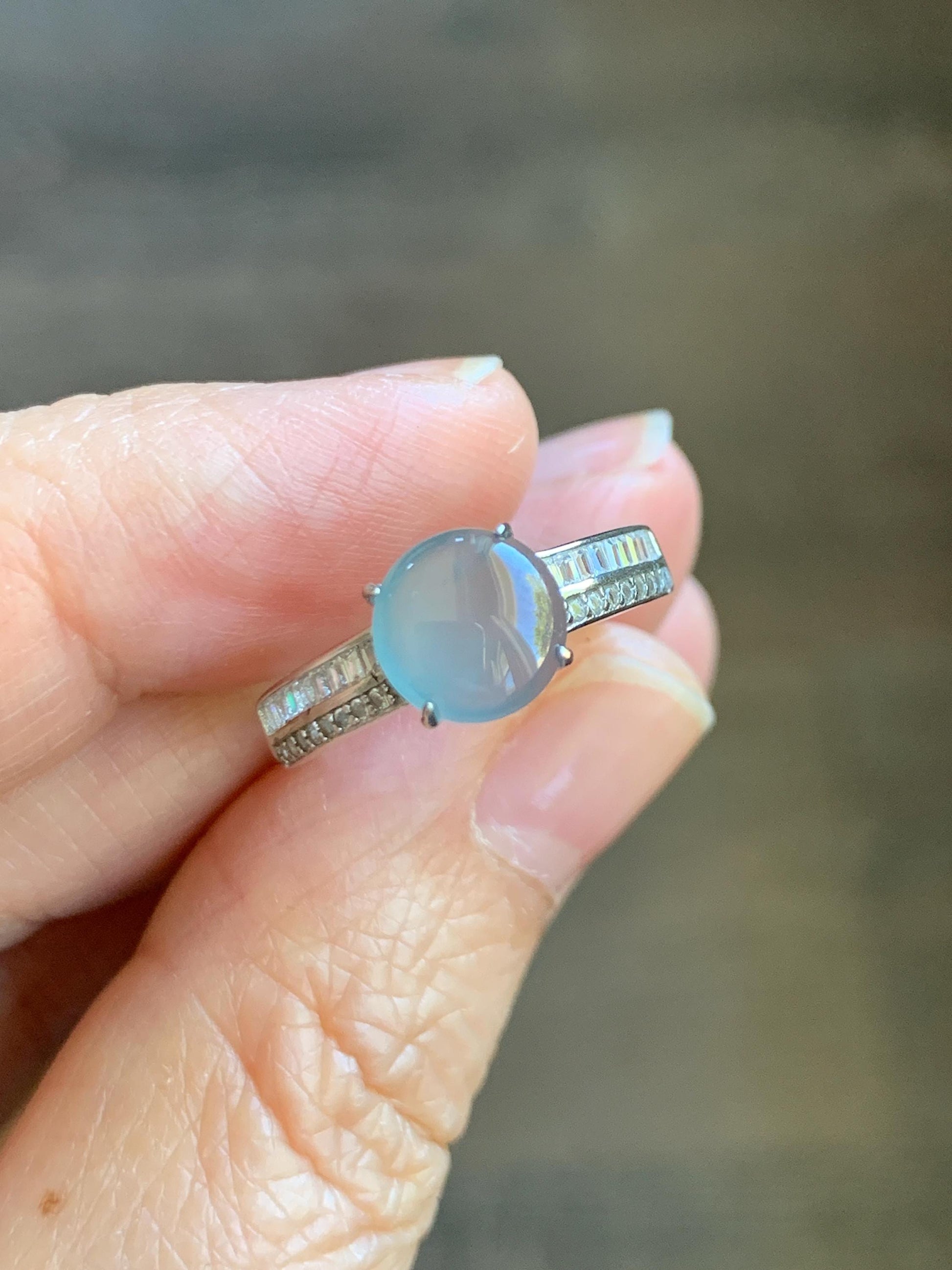 Natural Grade A Guatemalan Icy highly Translucent Pastel Dusty Blue Jade Jadeite Ring Sterling Silver Size Adjustable 天然冰危浅蓝翡翠银镶戒指 WLP136B
