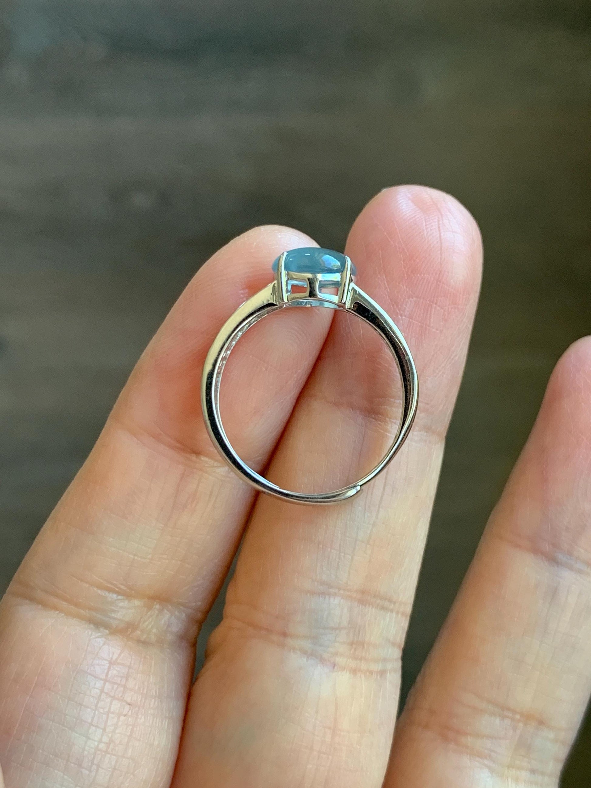 Natural Grade A Guatemalan Icy highly Translucent Pastel Dusty Blue Jade Jadeite Ring Sterling Silver Size Adjustable 天然冰危浅蓝翡翠银镶戒指 WLP136B