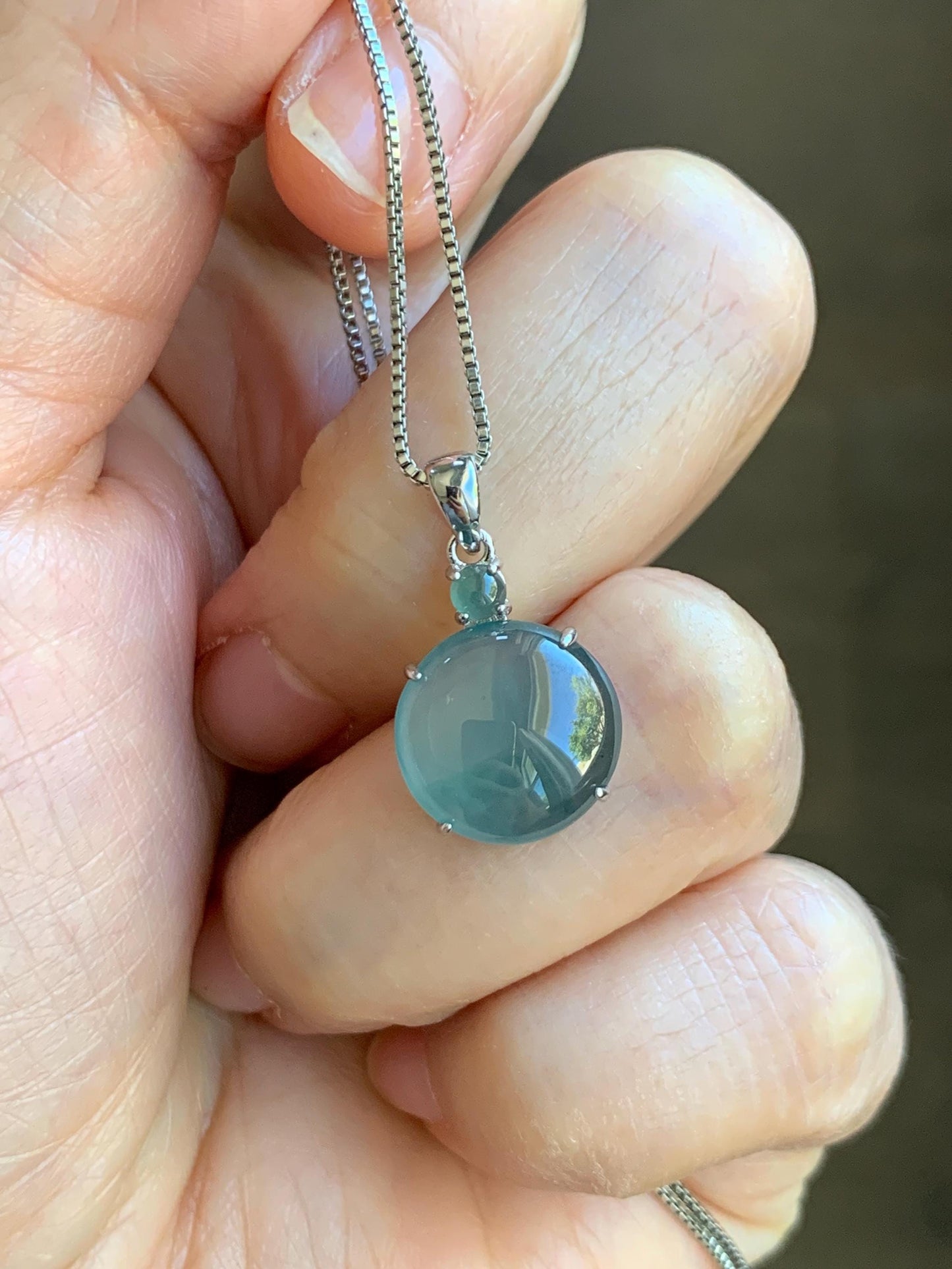 Natural Grade A Guatemalan Icy Highly Translucent Dark Teal Blue Jade Jadeite Round Cabochon Pendant Sterling Silver 天然冰危蓝水翡翠蛋面吊坠 WDD120