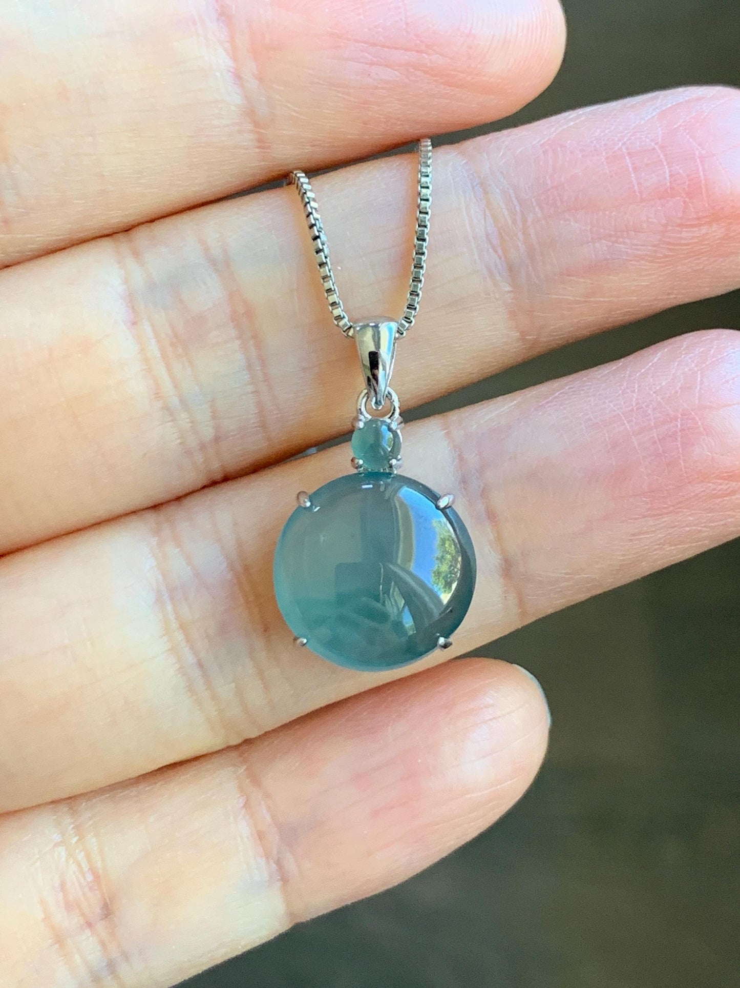 Natural Grade A Guatemalan Icy Highly Translucent Dark Teal Blue Jade Jadeite Round Cabochon Pendant Sterling Silver 天然冰危蓝水翡翠蛋面吊坠 WDD120