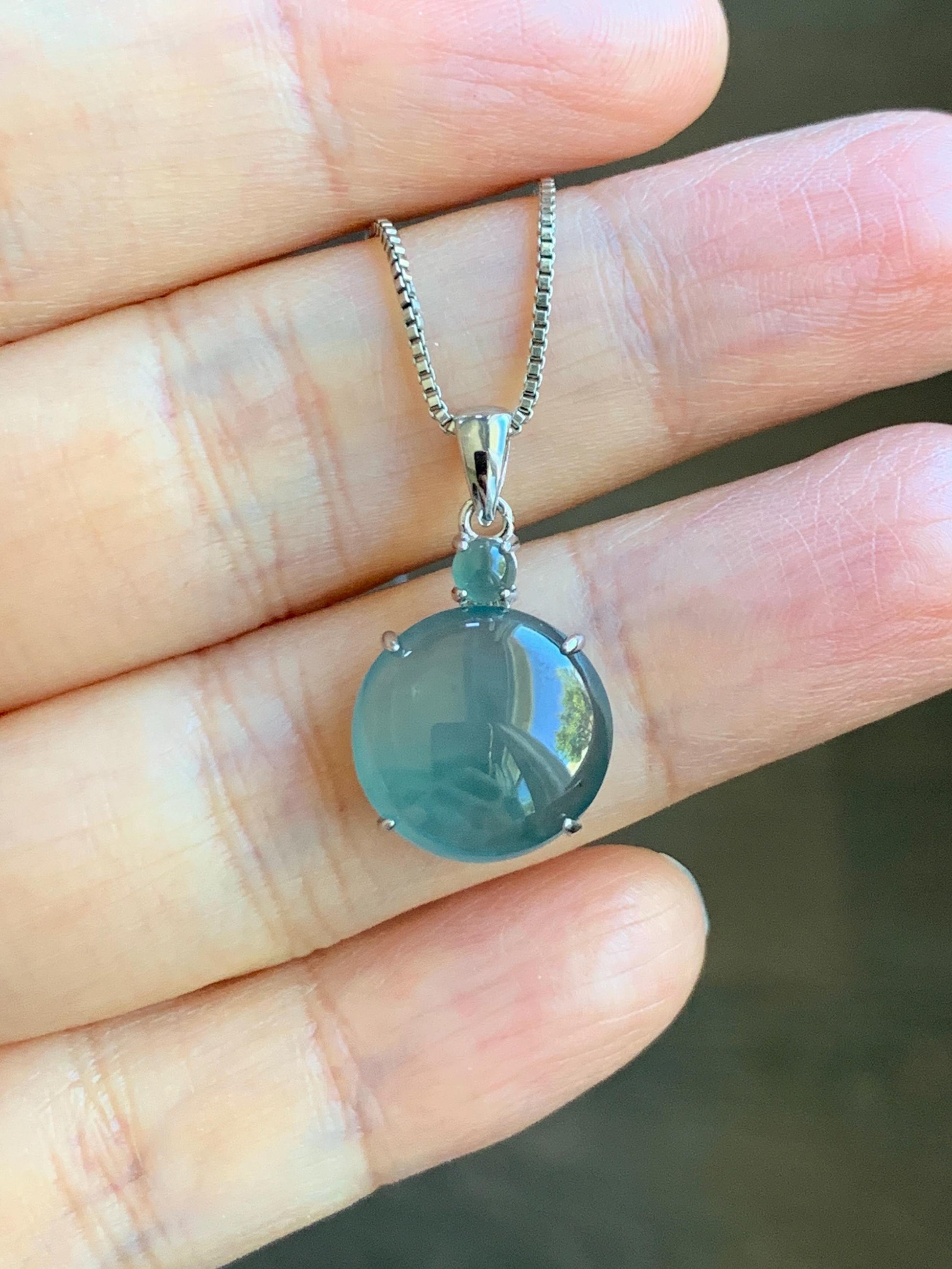 Natural Grade A Guatemalan Icy Highly Translucent Dark Teal Blue Jade Jadeite Round Cabochon Pendant Sterling Silver 天然冰危蓝水翡翠蛋面吊坠 WDD120