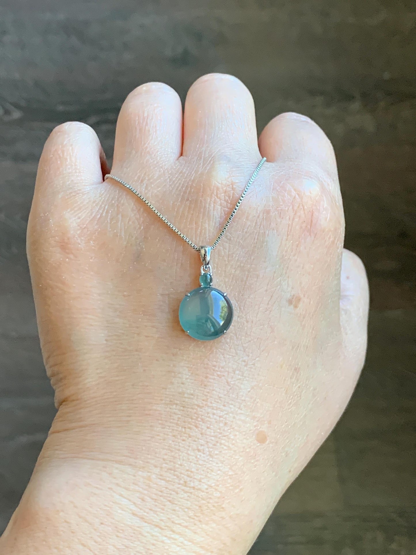 Natural Grade A Guatemalan Icy Highly Translucent Dark Teal Blue Jade Jadeite Round Cabochon Pendant Sterling Silver 天然冰危蓝水翡翠蛋面吊坠 WDD120