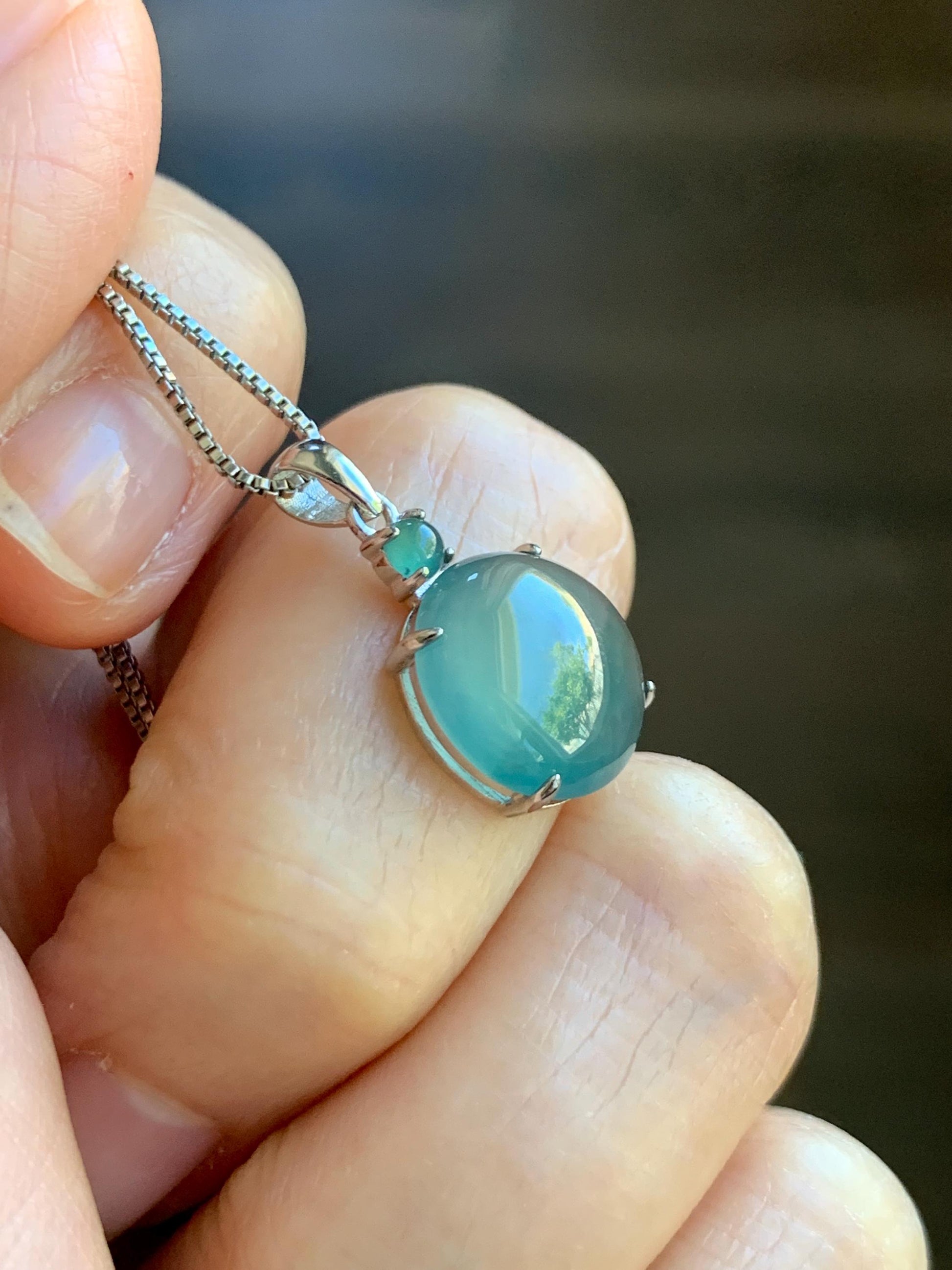 Natural Grade A Guatemalan Icy Highly Translucent Dark Teal Blue Jade Jadeite Round Cabochon Pendant Sterling Silver 天然冰危蓝水翡翠蛋面吊坠 WDD120