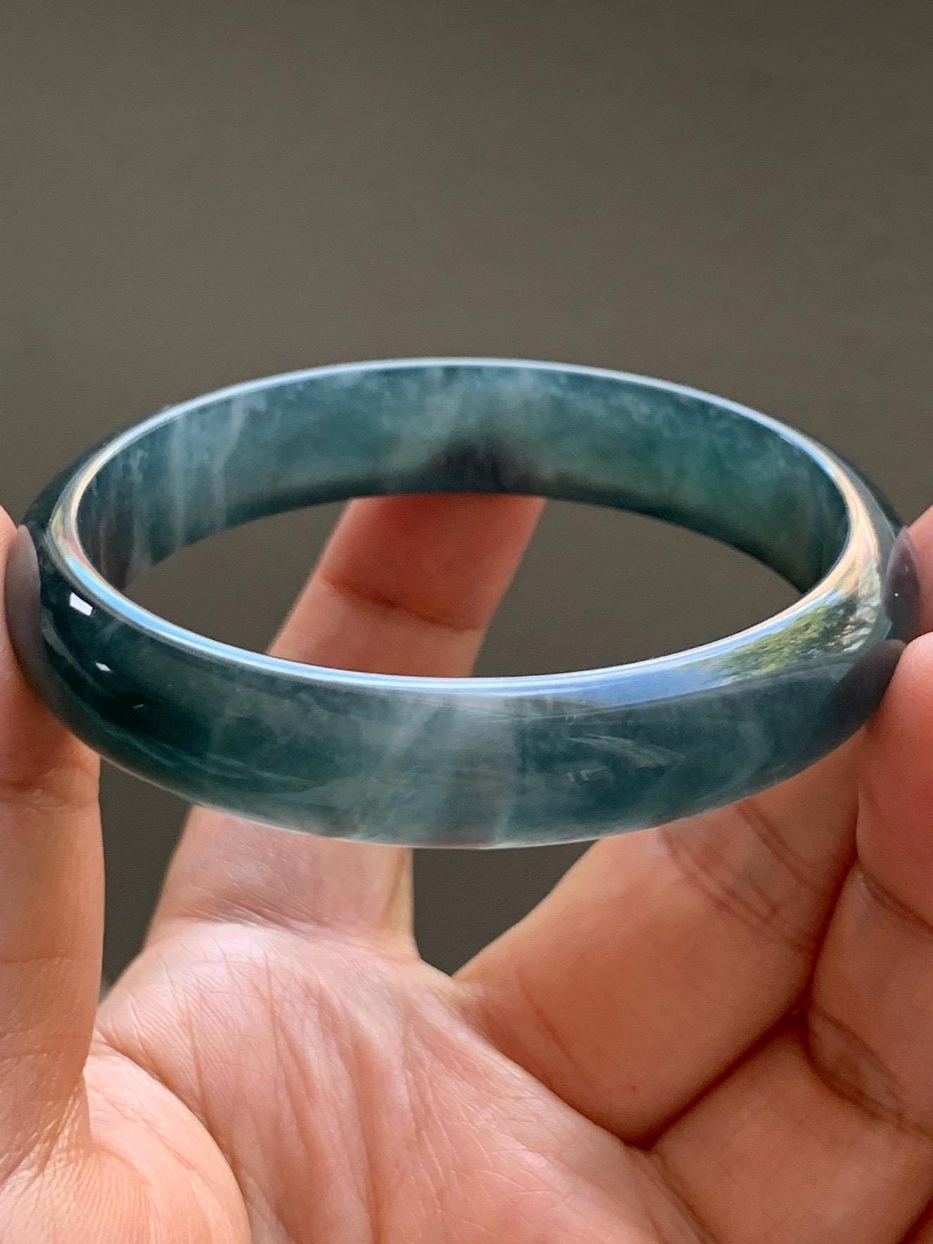 Certified Natural Grade A Guatemalan Icy Translucent Dark Aegean Blue Jade Jadeite Wide Bangle 56mm 6.93” 38g 天然冰危深蓝翡翠正圈宽版手镯 501
