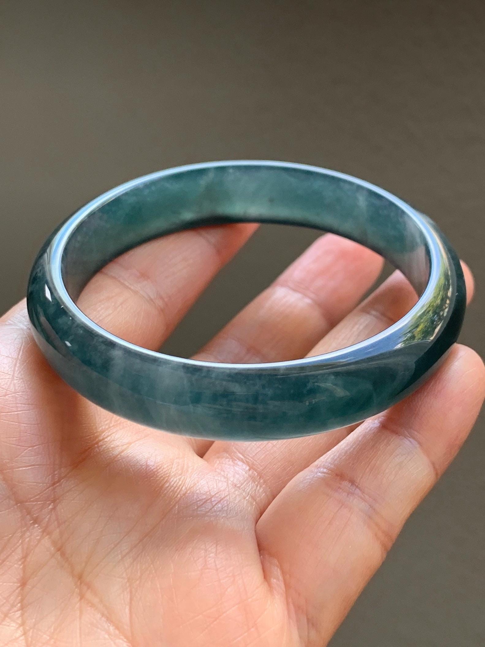Certified Natural Grade A Guatemalan Icy Translucent Dark Aegean Blue Jade Jadeite Wide Bangle 56mm 6.93” 38g 天然冰危深蓝翡翠正圈宽版手镯 501
