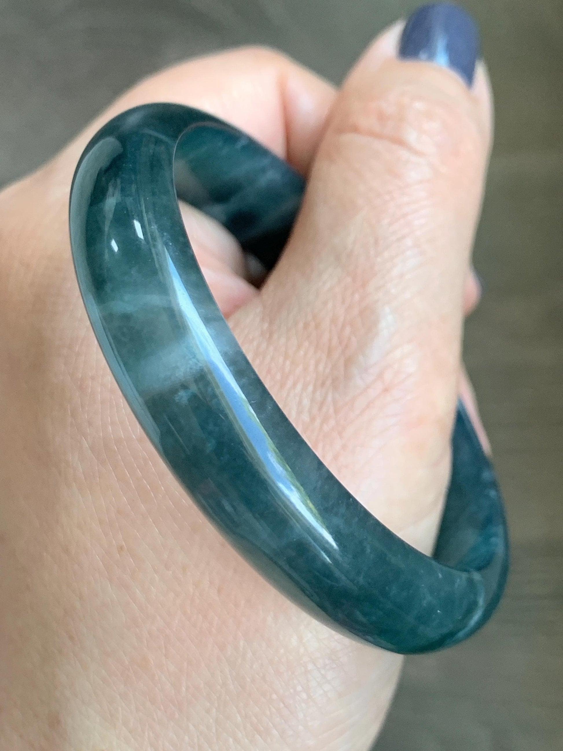 Certified Natural Grade A Guatemalan Icy Translucent Dark Aegean Blue Jade Jadeite Wide Bangle 56mm 6.93” 38g 天然冰危深蓝翡翠正圈宽版手镯 501
