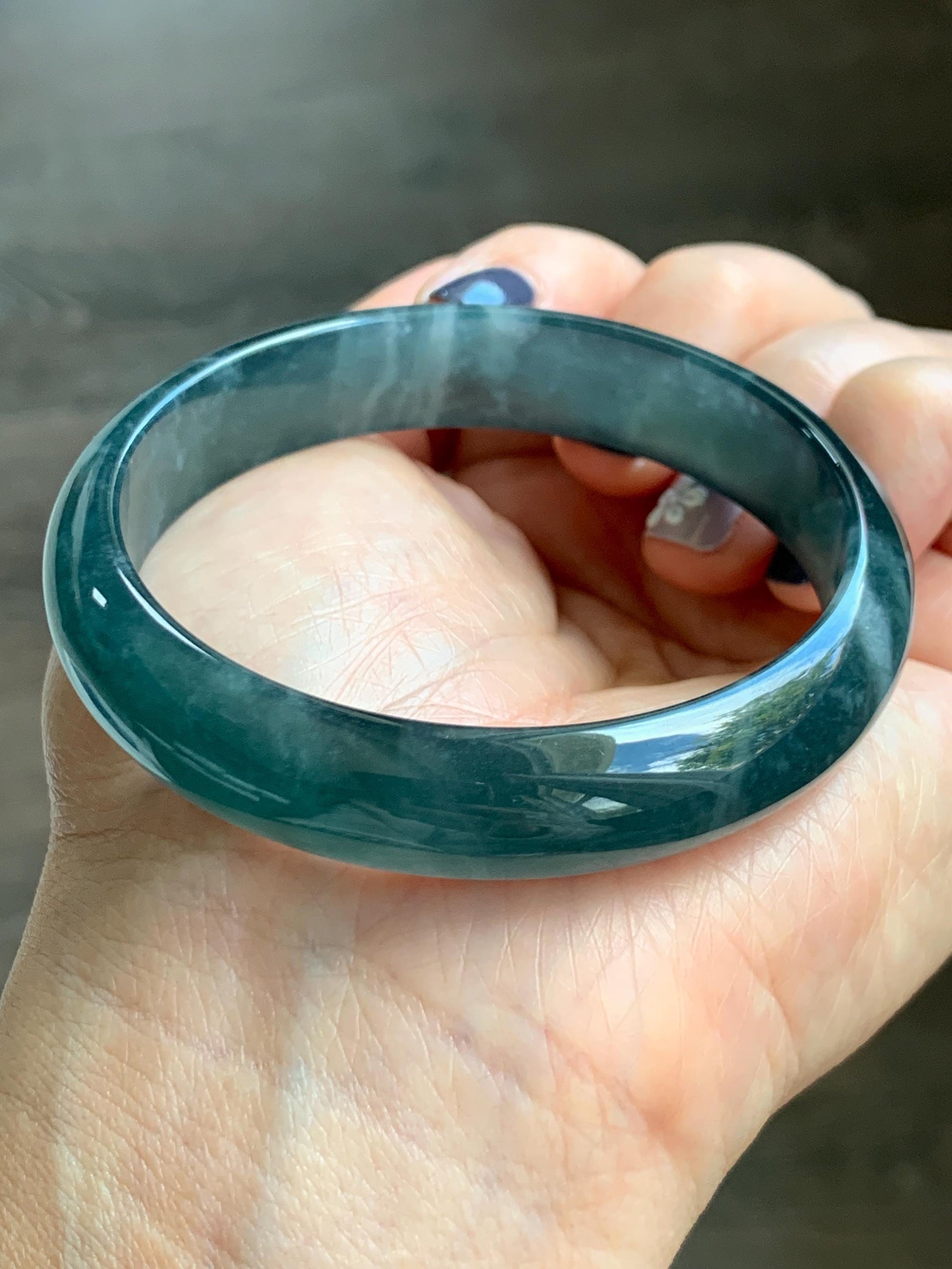 Certified Natural Grade A Guatemalan Icy Translucent Dark Aegean Blue Jade Jadeite Wide Bangle 56mm 6.93” 38g 天然冰危深蓝翡翠正圈宽版手镯 501