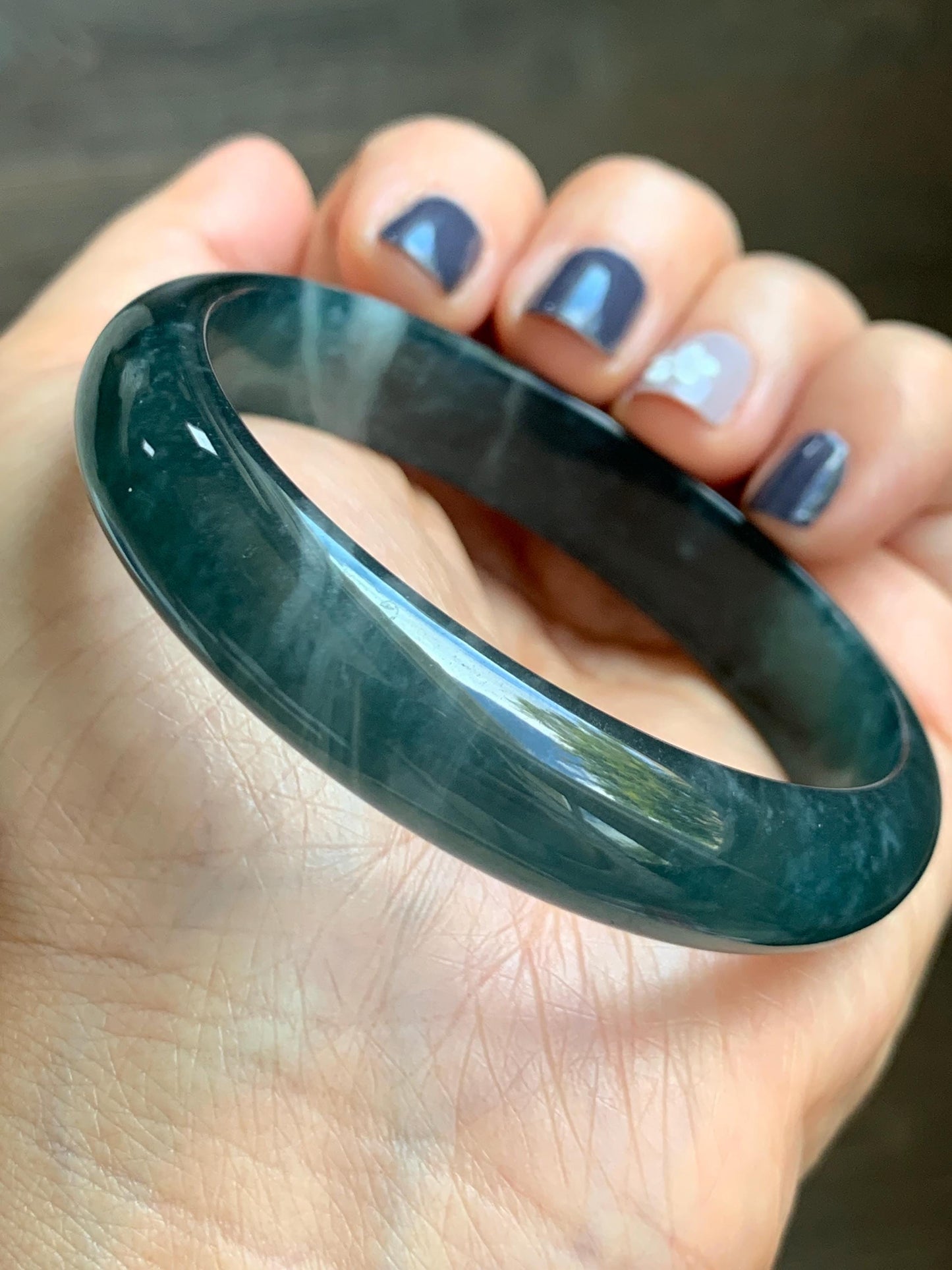 Certified Natural Grade A Guatemalan Icy Translucent Dark Aegean Blue Jade Jadeite Wide Bangle 56mm 6.93” 38g 天然冰危深蓝翡翠正圈宽版手镯 501