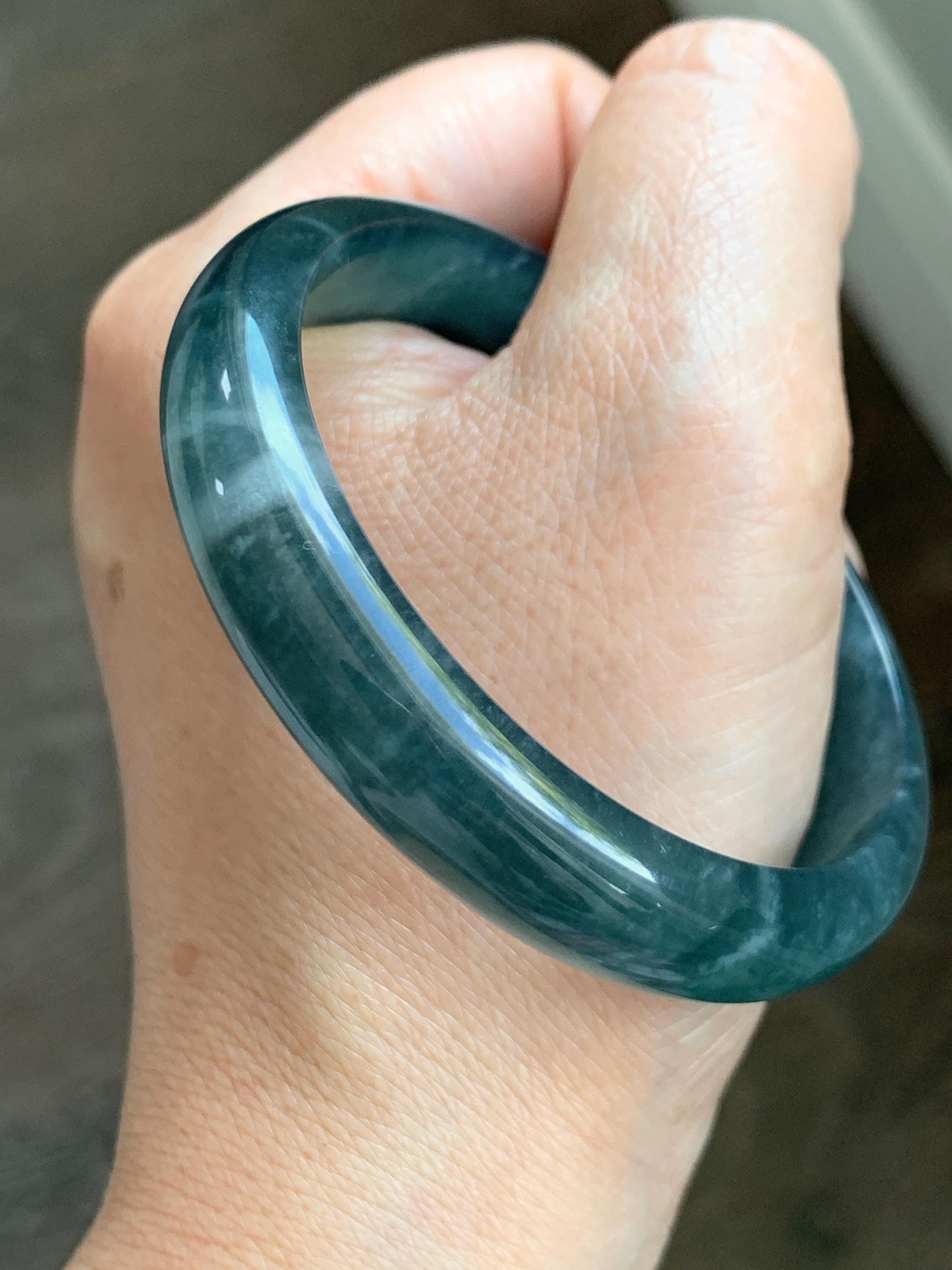 Certified Natural Grade A Guatemalan Icy Translucent Dark Aegean Blue Jade Jadeite Wide Bangle 56mm 6.93” 38g 天然冰危深蓝翡翠正圈宽版手镯 501