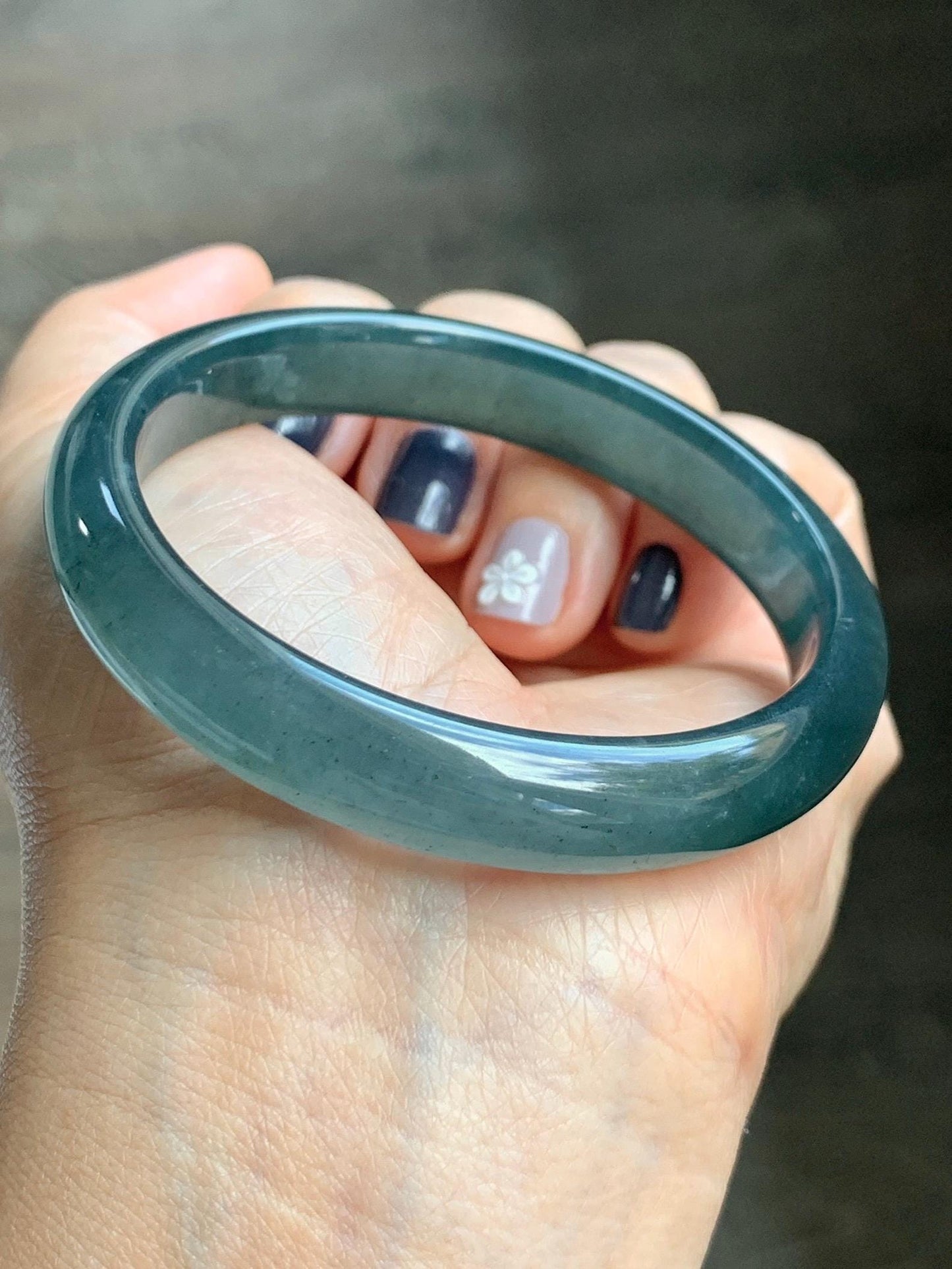 Certified Natural Grade A Guatemalan Icy Translucent Dark Aegean Blue Jade Jadeite Wide Bangle 56.7mm 7” 39g 天然冰危深蓝翡翠正圈宽版手镯 496