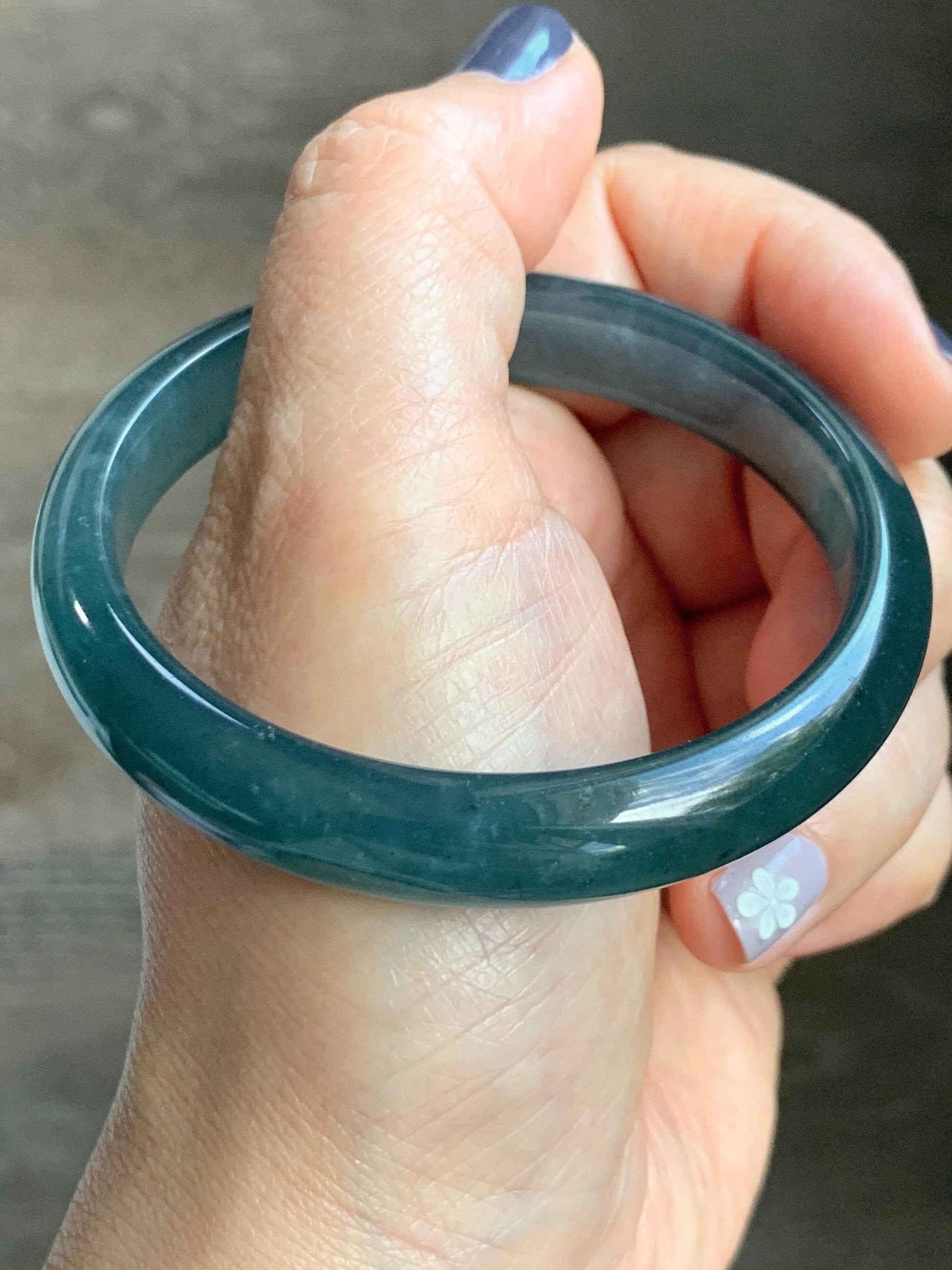 Certified Natural Grade A Guatemalan Icy Translucent Dark Aegean Blue Jade Jadeite Wide Bangle 56.7mm 7” 39g 天然冰危深蓝翡翠正圈宽版手镯 496