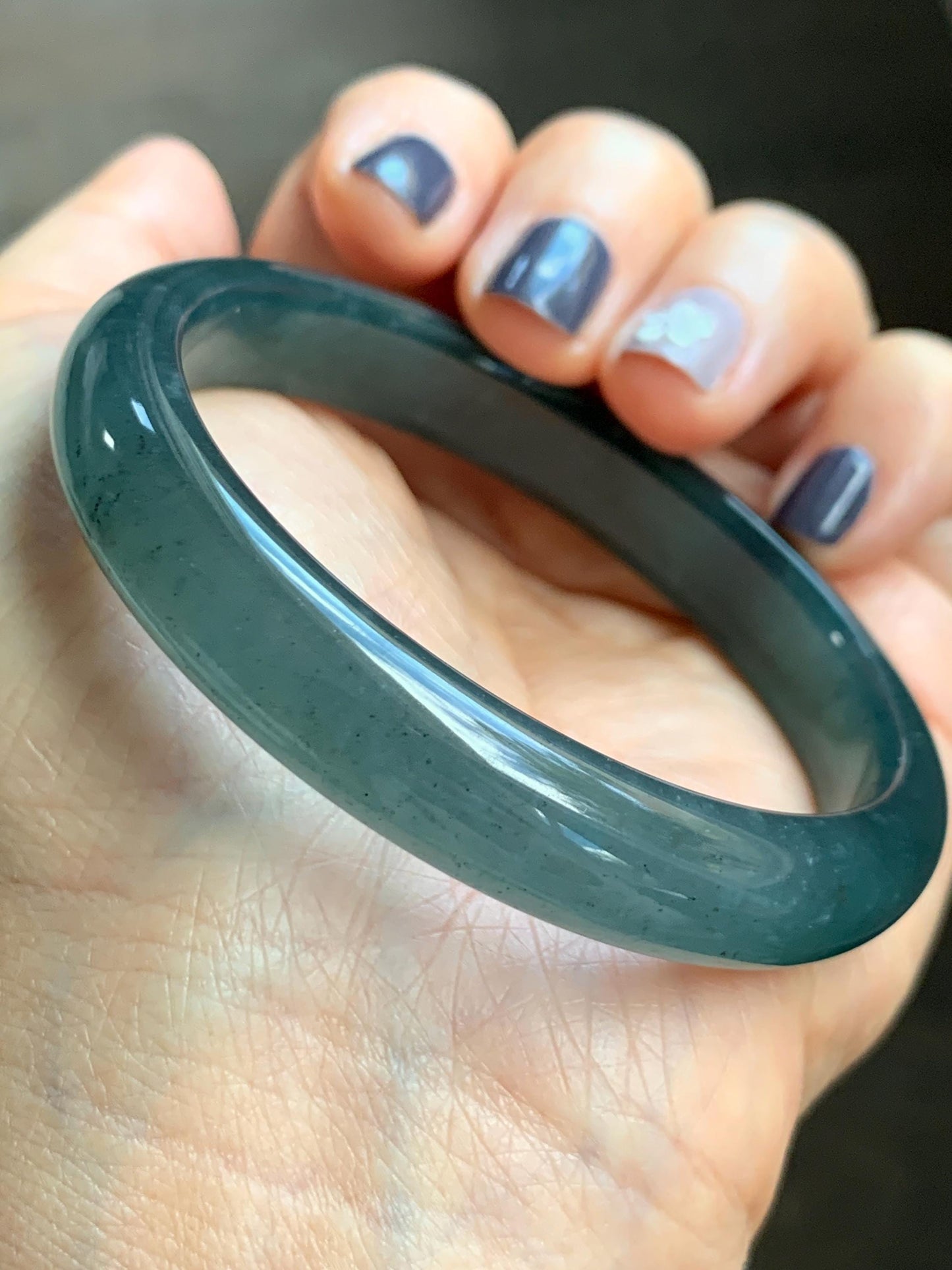 Certified Natural Grade A Guatemalan Icy Translucent Dark Aegean Blue Jade Jadeite Wide Bangle 56.7mm 7” 39g 天然冰危深蓝翡翠正圈宽版手镯 496