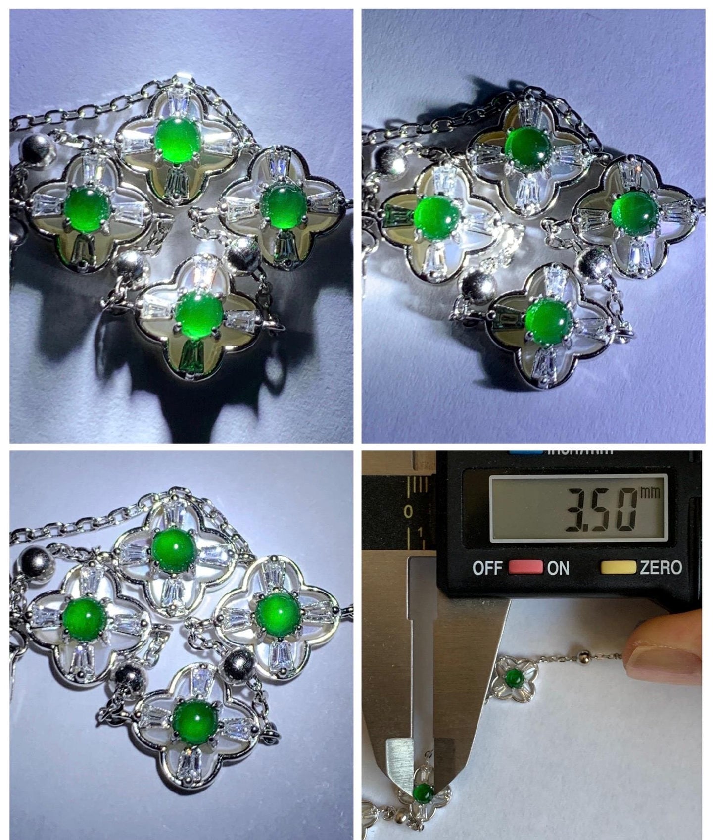 Natural Guatemalan Grade A Icy Translucent Vibrant Green Jade Jadeite Clover Leaf Bracelet Sterling Silver 6.25-7.5” 天然冰危绿翡翠四叶草手链 WSY98