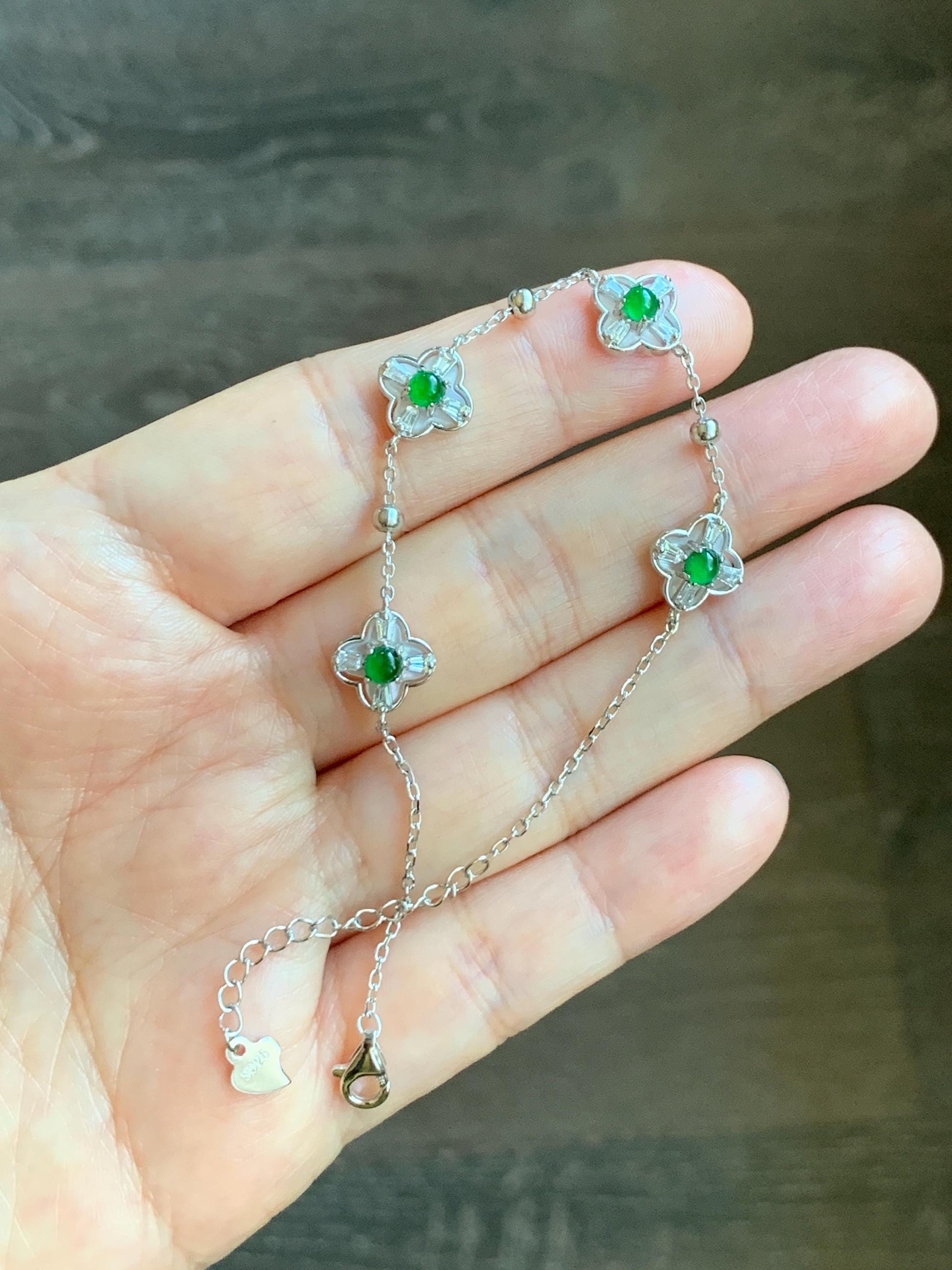 Natural Guatemalan Grade A Icy Translucent Vibrant Green Jade Jadeite Clover Leaf Bracelet Sterling Silver 6.25-7.5” 天然冰危绿翡翠四叶草手链 WSY98