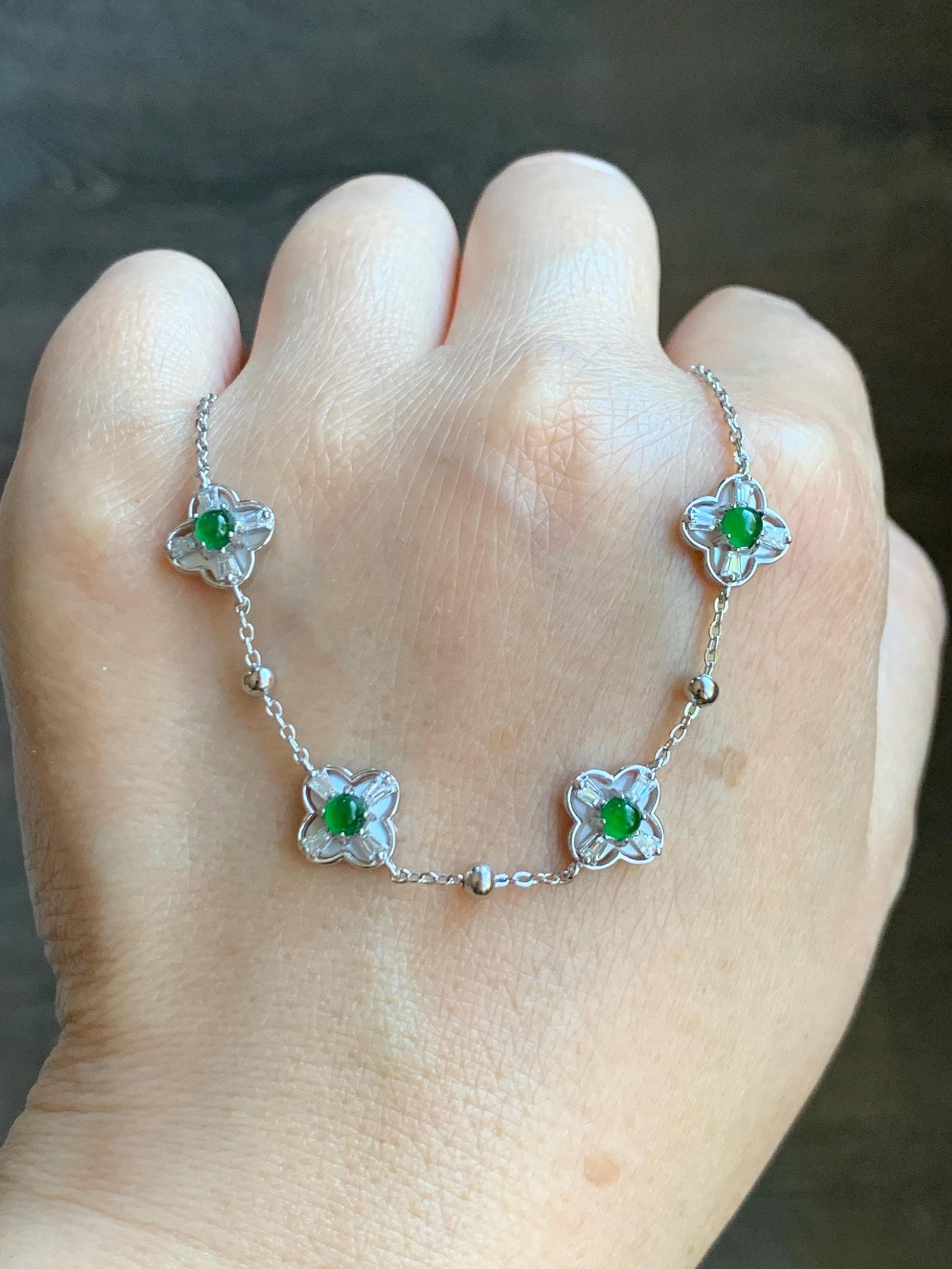 Natural Guatemalan Grade A Icy Translucent Vibrant Green Jade Jadeite Clover Leaf Bracelet Sterling Silver 6.25-7.5” 天然冰危绿翡翠四叶草手链 WSY98