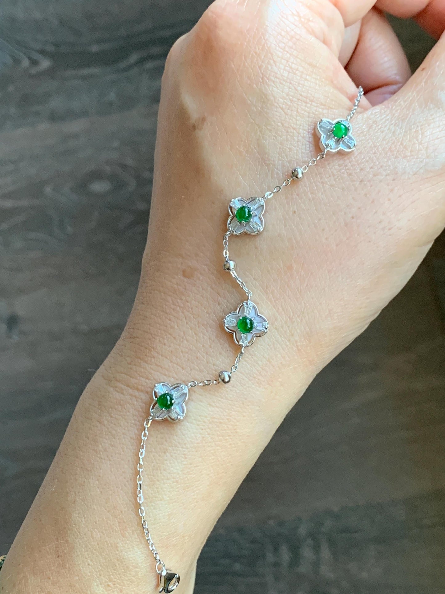 Natural Guatemalan Grade A Icy Translucent Vibrant Green Jade Jadeite Clover Leaf Bracelet Sterling Silver 6.25-7.5” 天然冰危绿翡翠四叶草手链 WSY98