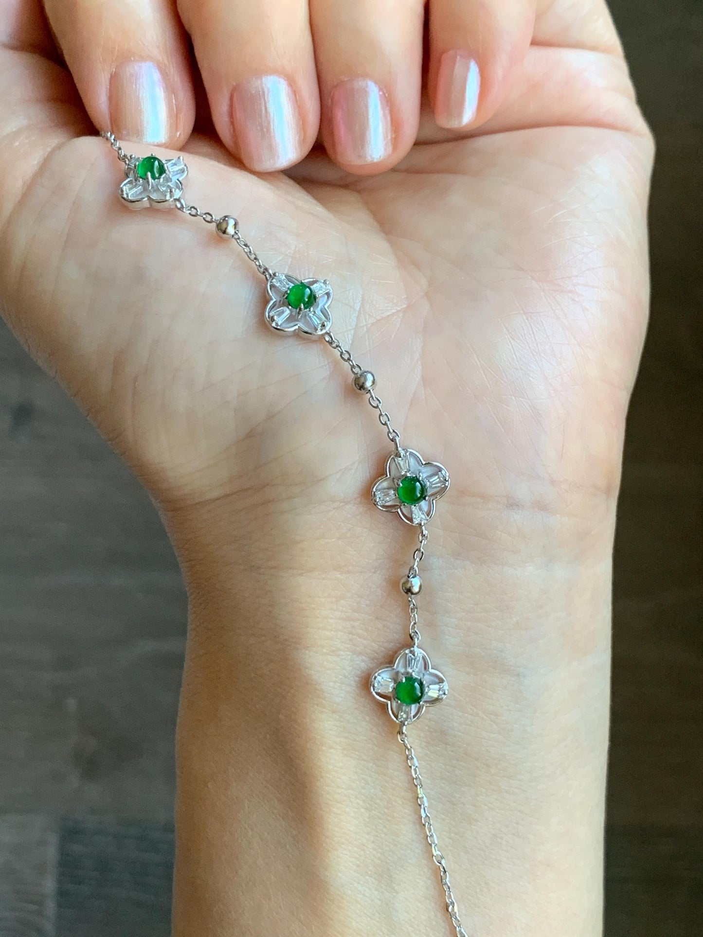 Natural Guatemalan Grade A Icy Translucent Vibrant Green Jade Jadeite Clover Leaf Bracelet Sterling Silver 6.25-7.5” 天然冰危绿翡翠四叶草手链 WSY98