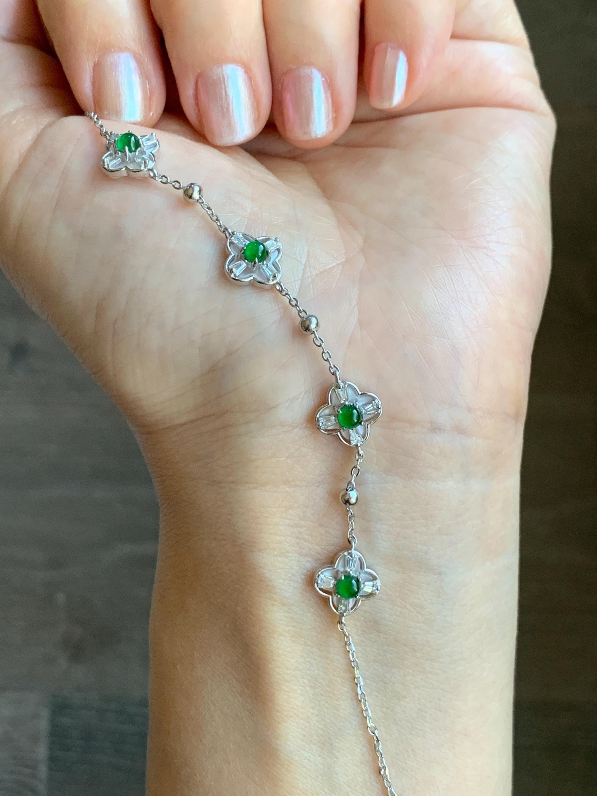 Natural Guatemalan Grade A Icy Translucent Vibrant Green Jade Jadeite Clover Leaf Bracelet Sterling Silver 6.25-7.5” 天然冰危绿翡翠四叶草手链 WSY98