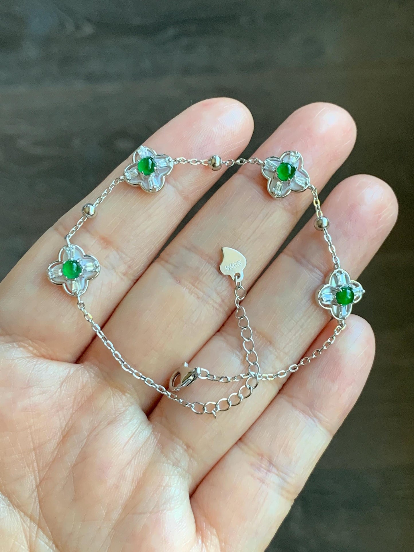 Natural Guatemalan Grade A Icy Translucent Vibrant Green Jade Jadeite Clover Leaf Bracelet Sterling Silver 6.25-7.5” 天然冰危绿翡翠四叶草手链 WSY98