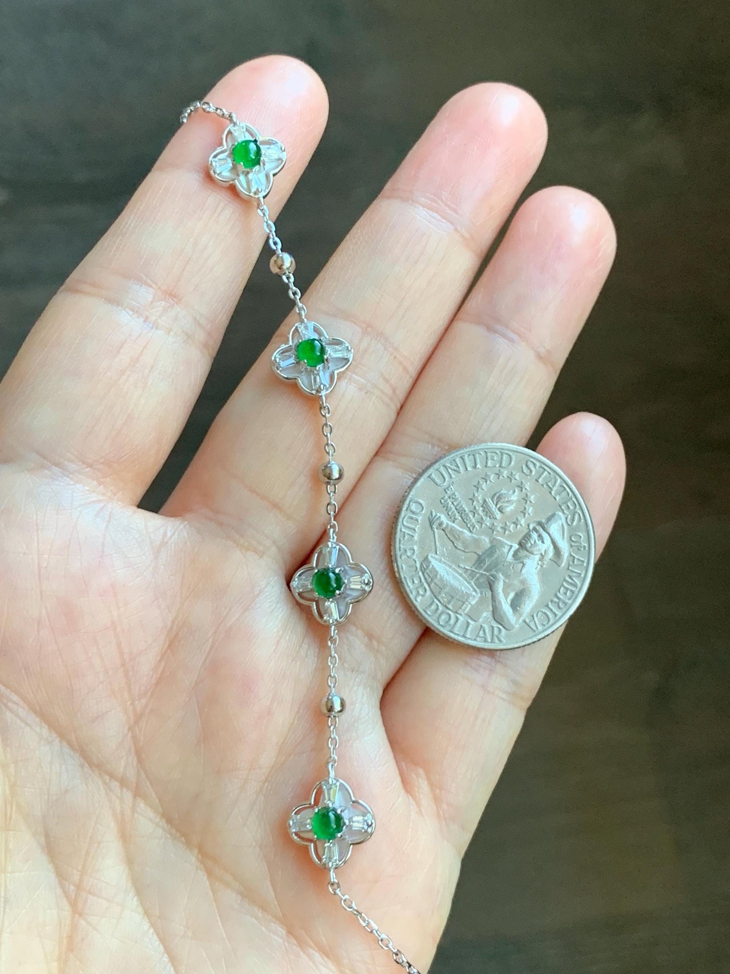 Natural Guatemalan Grade A Icy Translucent Vibrant Green Jade Jadeite Clover Leaf Bracelet Sterling Silver 6.25-7.5” 天然冰危绿翡翠四叶草手链 WSY98