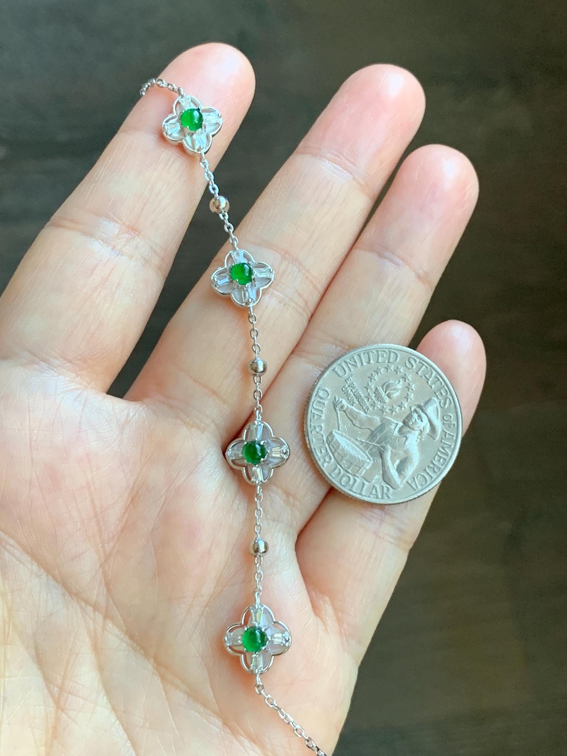 Natural Guatemalan Grade A Icy Translucent Vibrant Green Jade Jadeite Clover Leaf Bracelet Sterling Silver 6.25-7.5” 天然冰危绿翡翠四叶草手链 WSY98