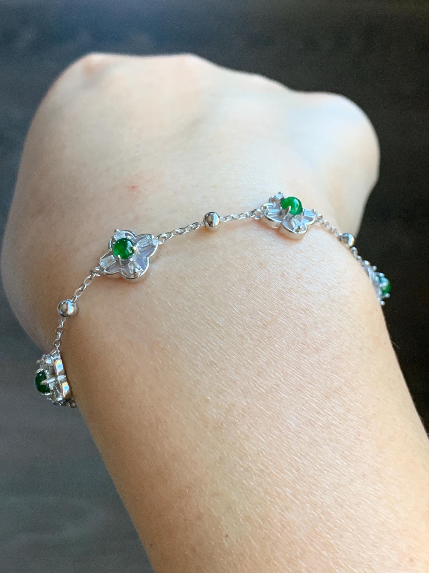 Natural Guatemalan Grade A Icy Translucent Vibrant Green Jade Jadeite Clover Leaf Bracelet Sterling Silver 6.25-7.5” 天然冰危绿翡翠四叶草手链 WSY98