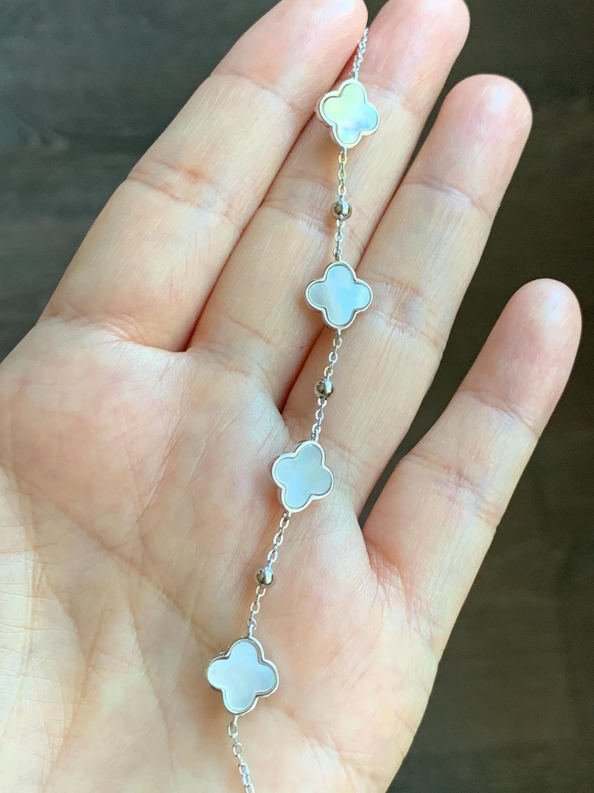 Natural Guatemalan Grade A Icy Translucent Vibrant Green Jade Jadeite Clover Leaf Bracelet Sterling Silver 6.25-7.5” 天然冰危绿翡翠四叶草手链 WSY98