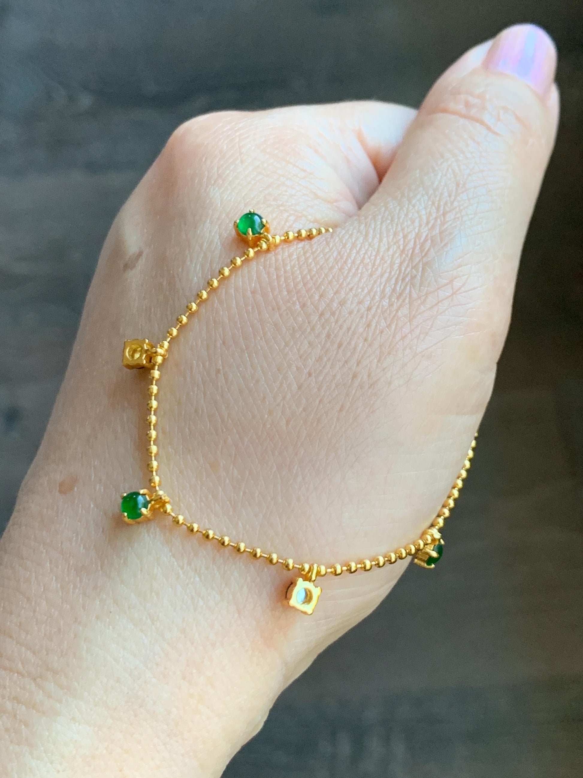 Natural Guatemalan Grade A Icy Translucent Vibrant Green Jade Jadeite Beaded Chain Bracelet Sterling Silver 6.25-7.5” 天然冰危绿翡翠银镶手链 WSD90