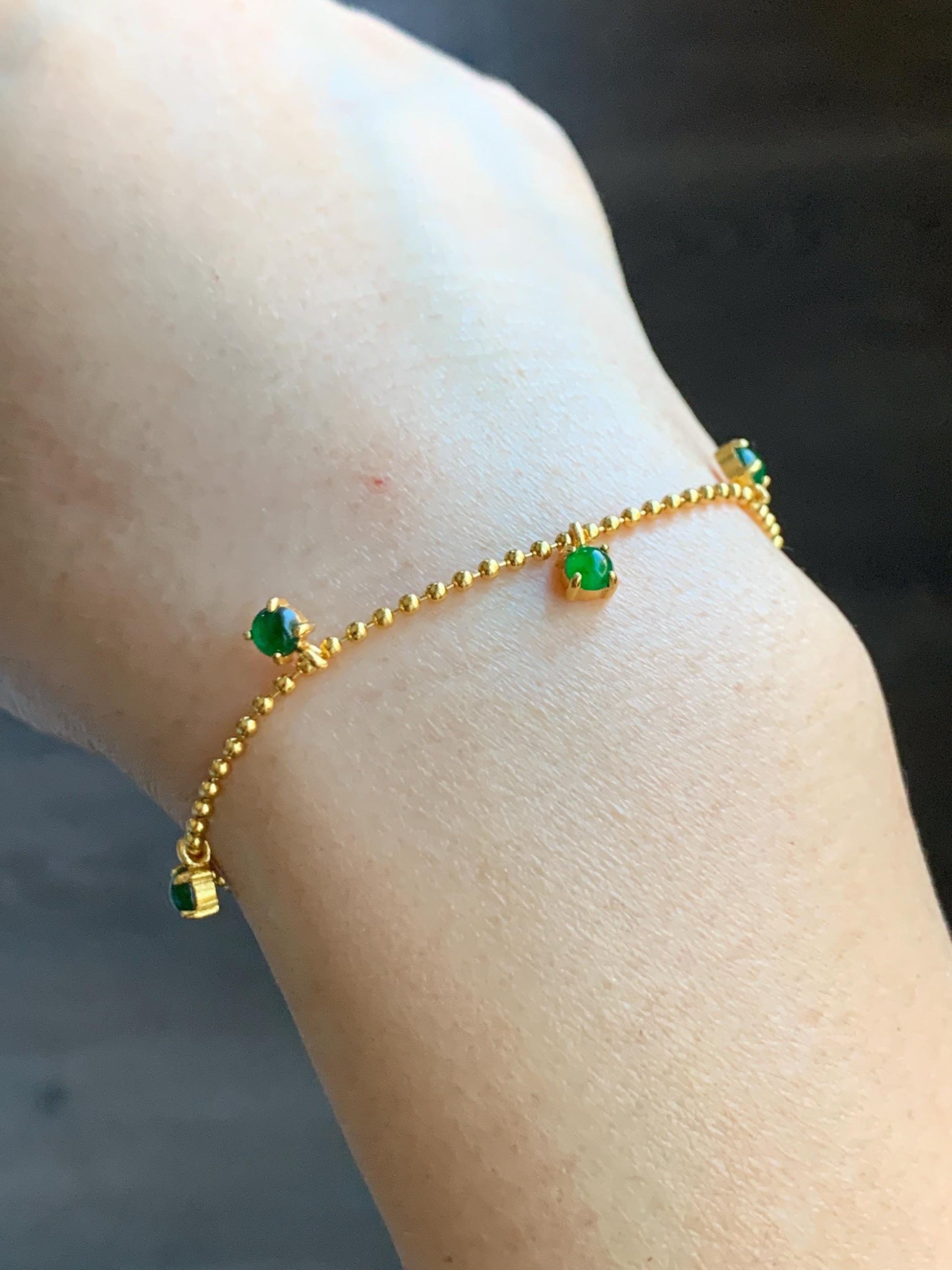 Natural Guatemalan Grade A Icy Translucent Vibrant Green Jade Jadeite Beaded Chain Bracelet Sterling Silver 6.25-7.5” 天然冰危绿翡翠银镶手链 WSD90