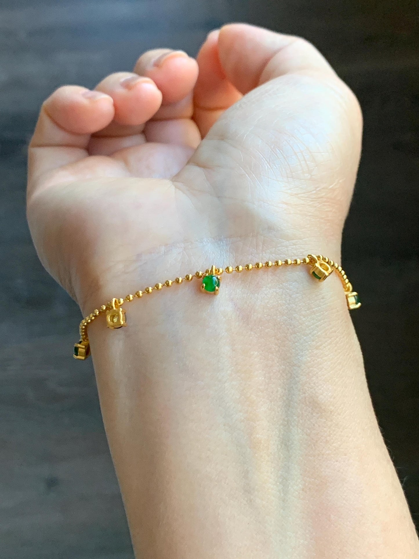 Natural Guatemalan Grade A Icy Translucent Vibrant Green Jade Jadeite Beaded Chain Bracelet Sterling Silver 6.25-7.5” 天然冰危绿翡翠银镶手链 WSD90