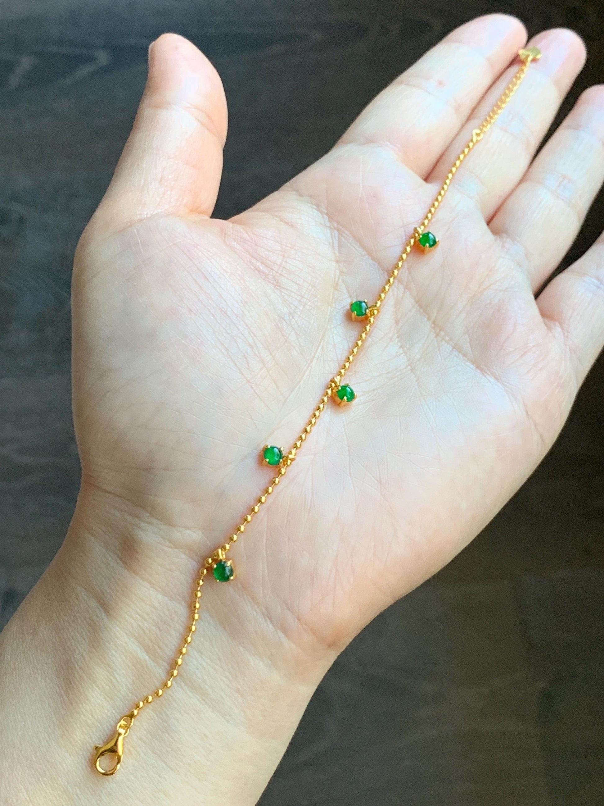 Natural Guatemalan Grade A Icy Translucent Vibrant Green Jade Jadeite Beaded Chain Bracelet Sterling Silver 6.25-7.5” 天然冰危绿翡翠银镶手链 WSD90