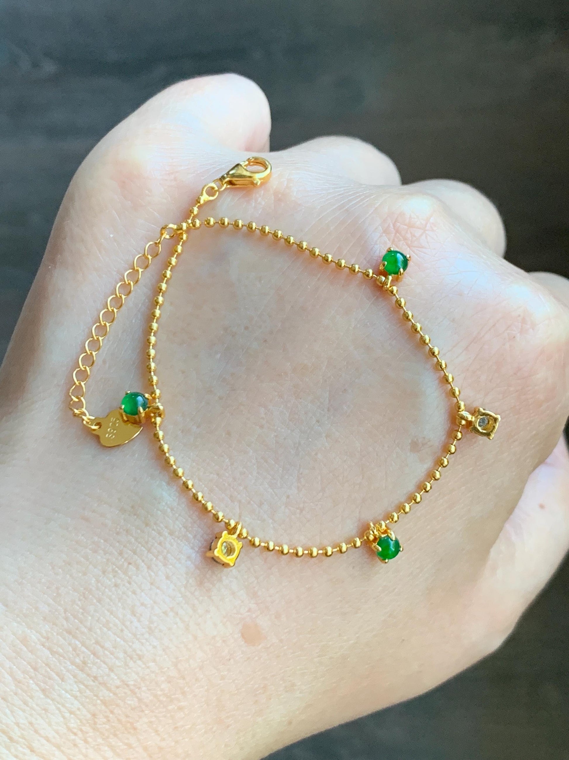 Natural Guatemalan Grade A Icy Translucent Vibrant Green Jade Jadeite Beaded Chain Bracelet Sterling Silver 6.25-7.5” 天然冰危绿翡翠银镶手链 WSD90