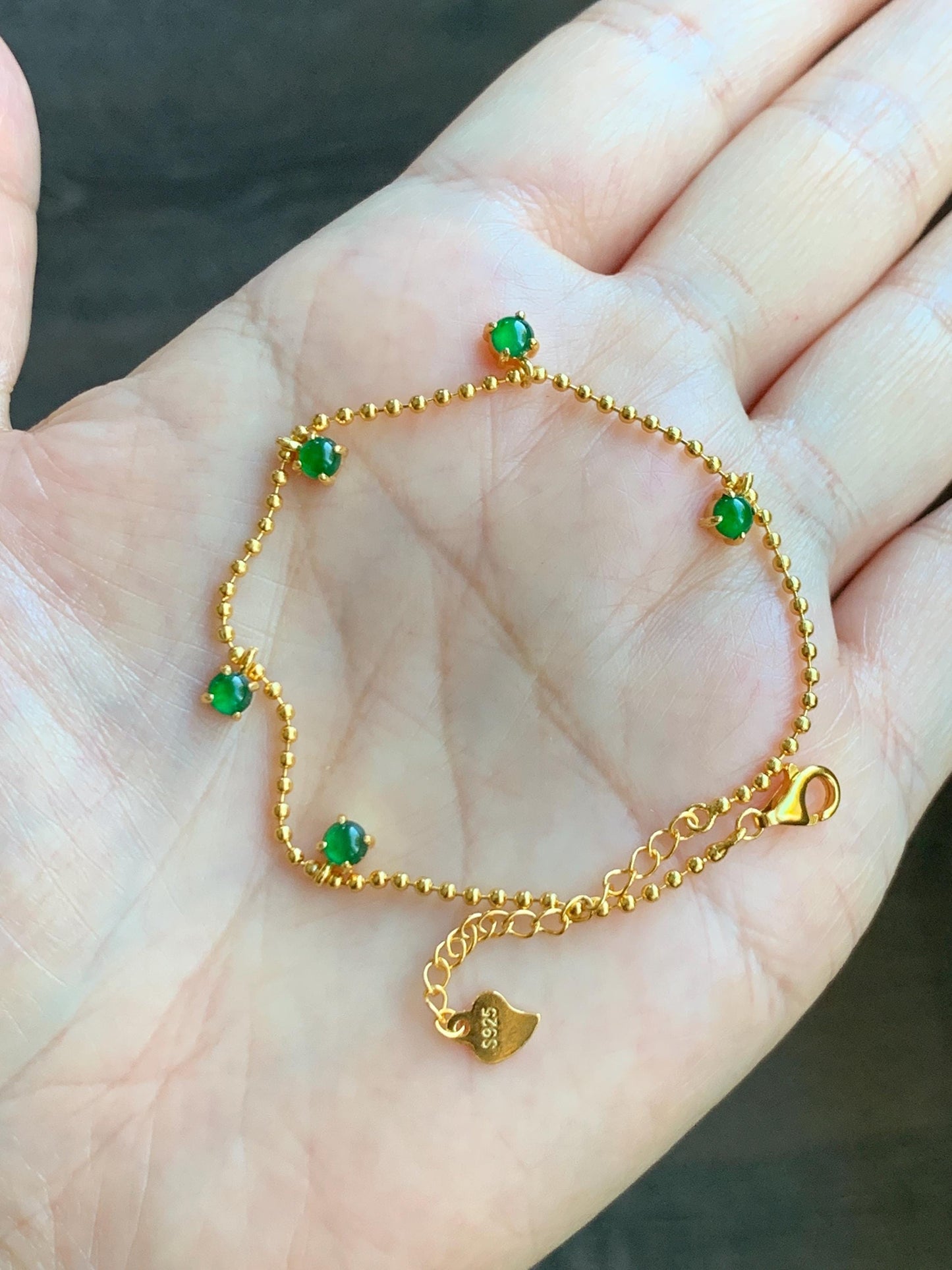 Natural Guatemalan Grade A Icy Translucent Vibrant Green Jade Jadeite Beaded Chain Bracelet Sterling Silver 6.25-7.5” 天然冰危绿翡翠银镶手链 WSD90