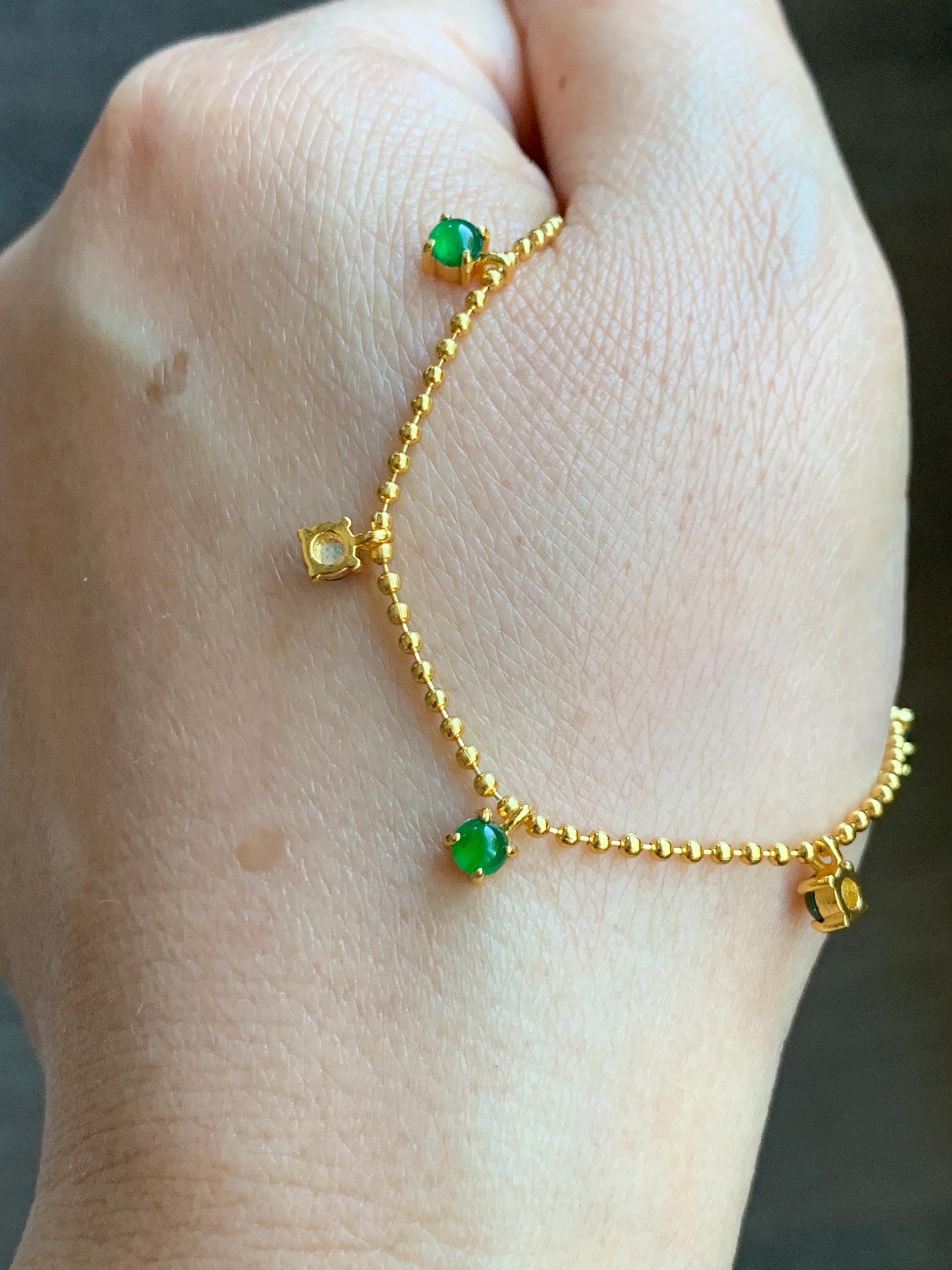 Natural Guatemalan Grade A Icy Translucent Vibrant Green Jade Jadeite Beaded Chain Bracelet Sterling Silver 6.25-7.5” 天然冰危绿翡翠银镶手链 WSD90