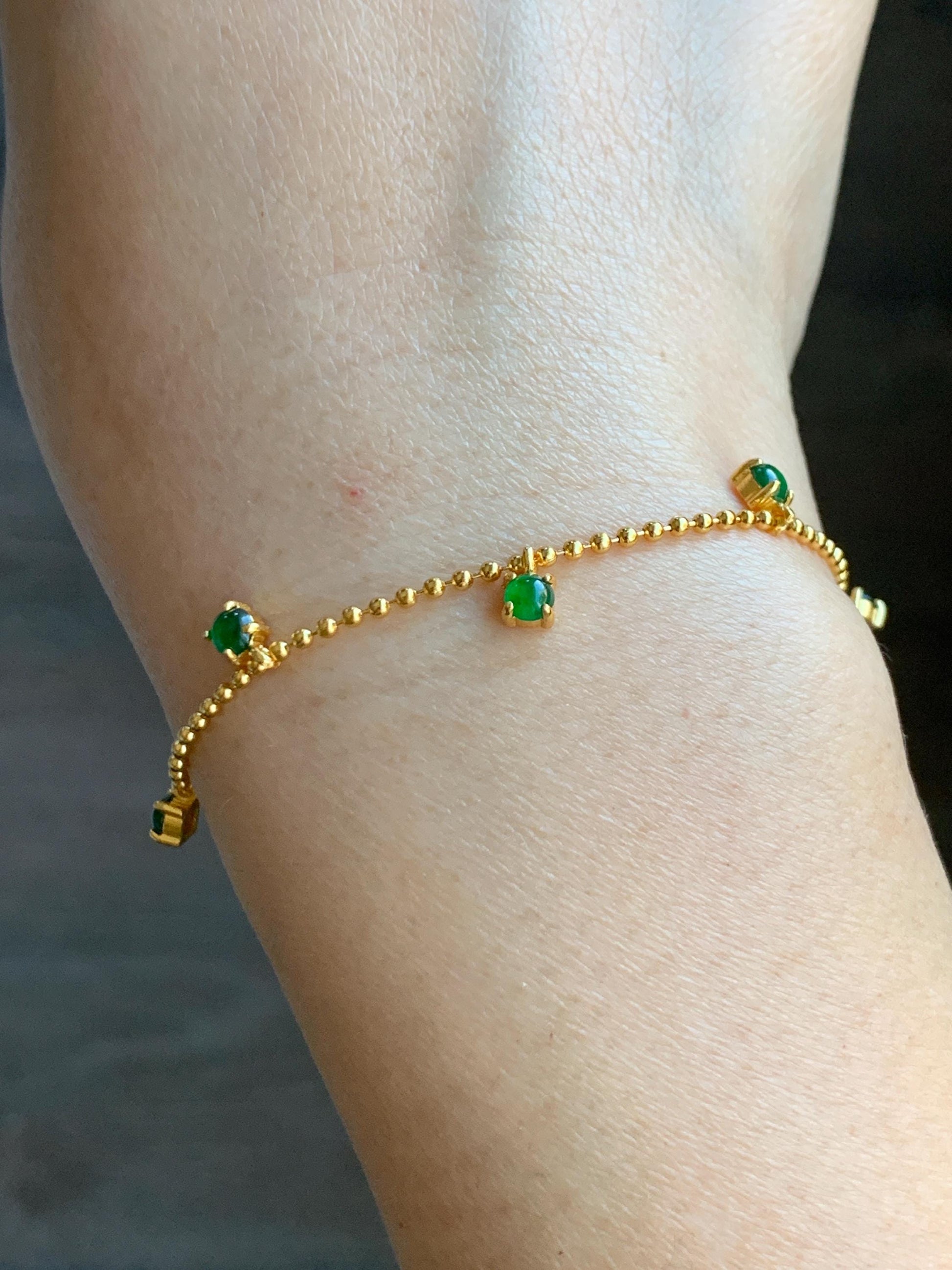 Natural Guatemalan Grade A Icy Translucent Vibrant Green Jade Jadeite Beaded Chain Bracelet Sterling Silver 6.25-7.5” 天然冰危绿翡翠银镶手链 WSD90