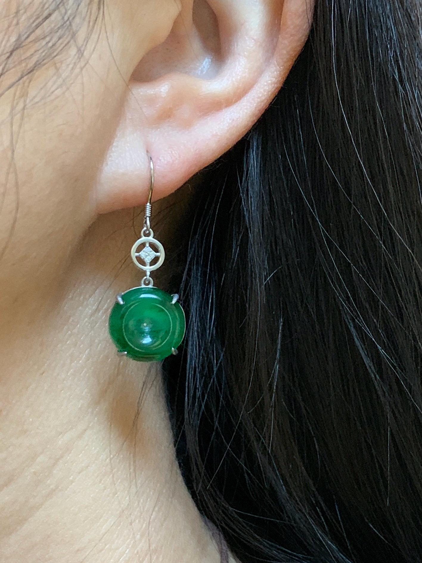Natural Grade A Guatemalan Icy Translucent Vibrant Green Jade Jadeite Ping An Kou Donut Dangle Earrings Sterling Silver 天然冰危绿翡翠平安扣银耳钩 WDL119