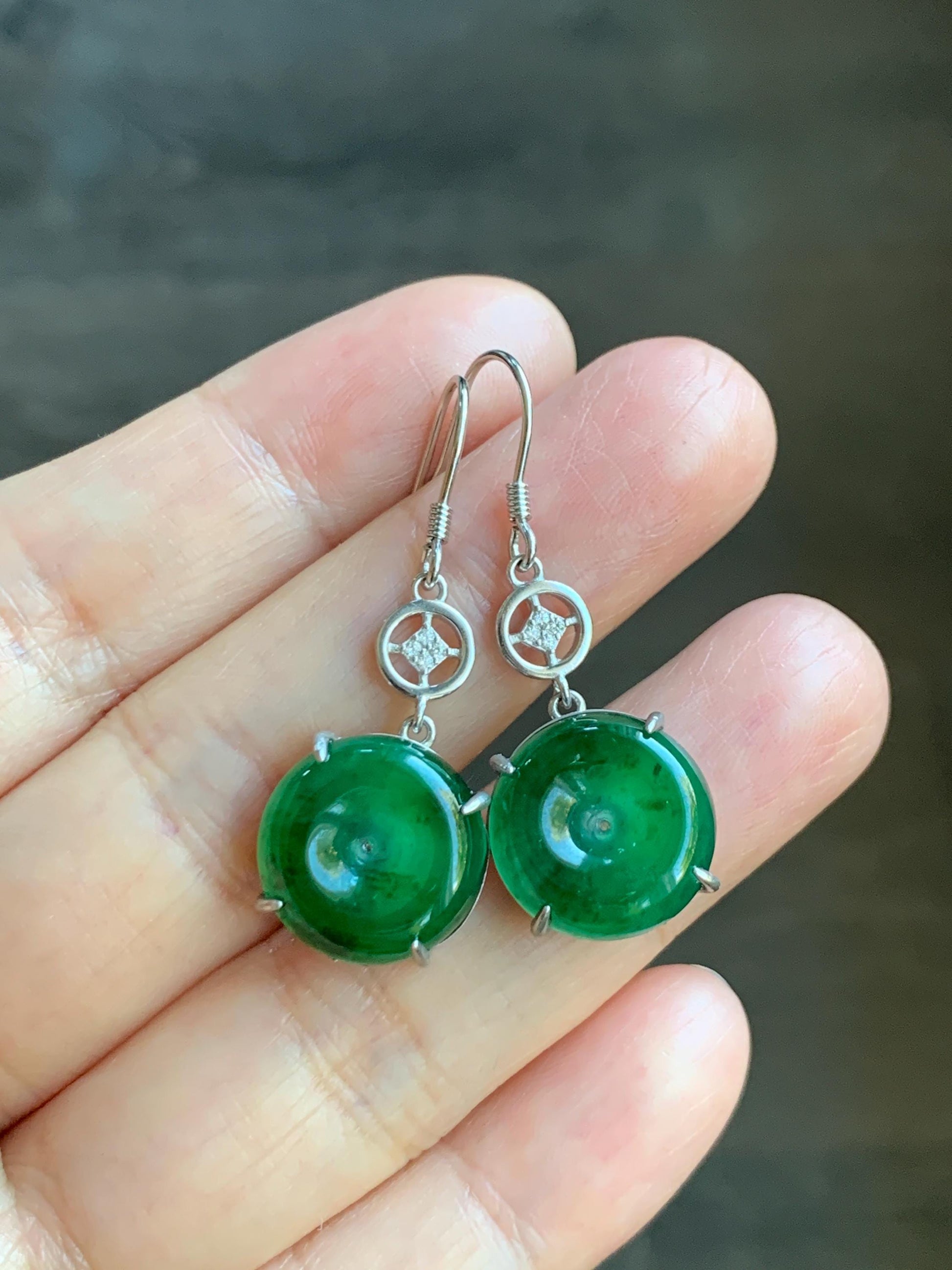 Natural Grade A Guatemalan Icy Translucent Vibrant Green Jade Jadeite Ping An Kou Donut Dangle Earrings Sterling Silver 天然冰危绿翡翠平安扣银耳钩 WDL119